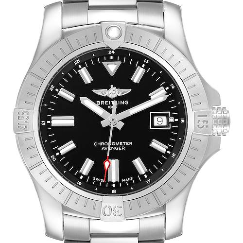 The image shows a Breitling Avenger A17318 Men's Stainless Steel Black Dial watch from the front, highlighting its bezel, dial, hands, and date display.
