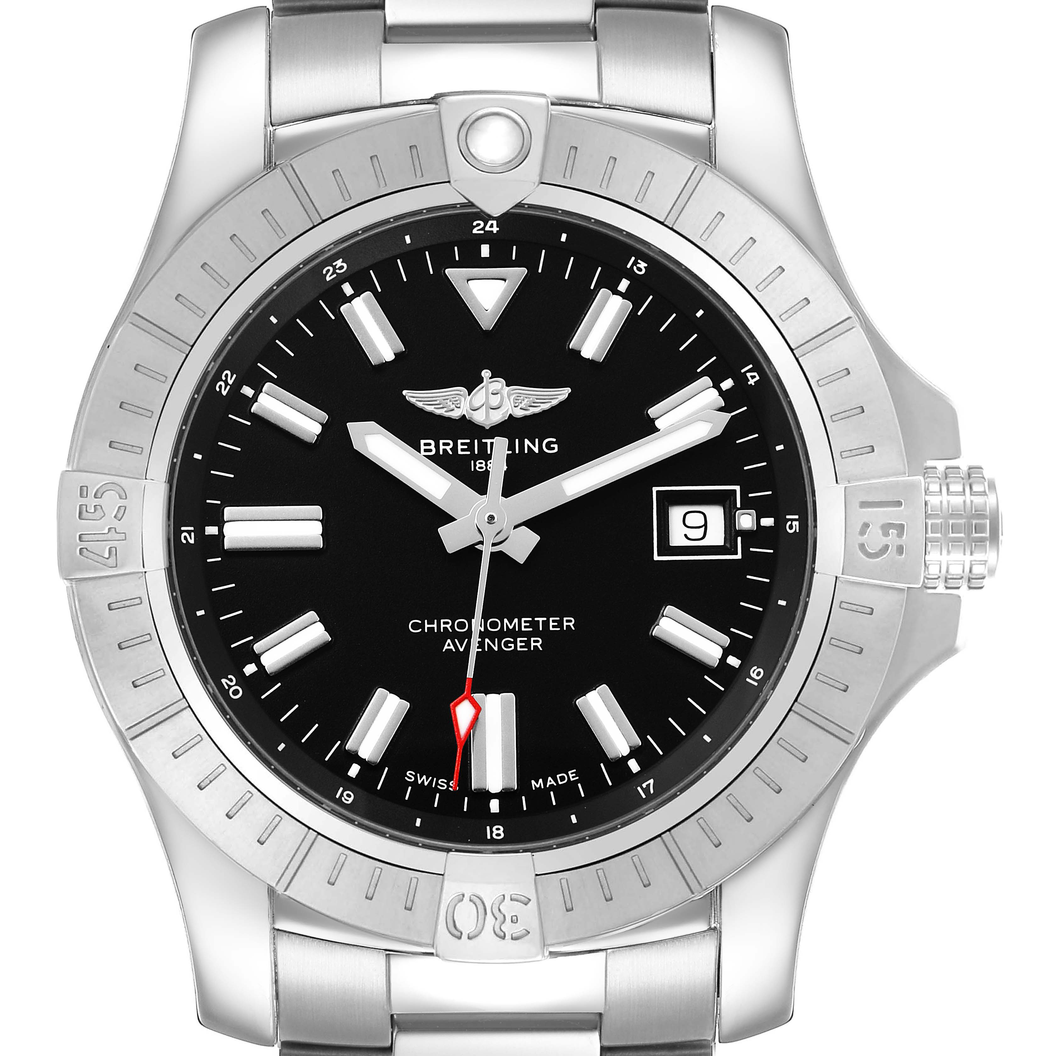The Breitling Avenger A17318 Men's Stainless Steel Black Dial watch is shown from the front, displaying the bezel, dial, hands, and crown.