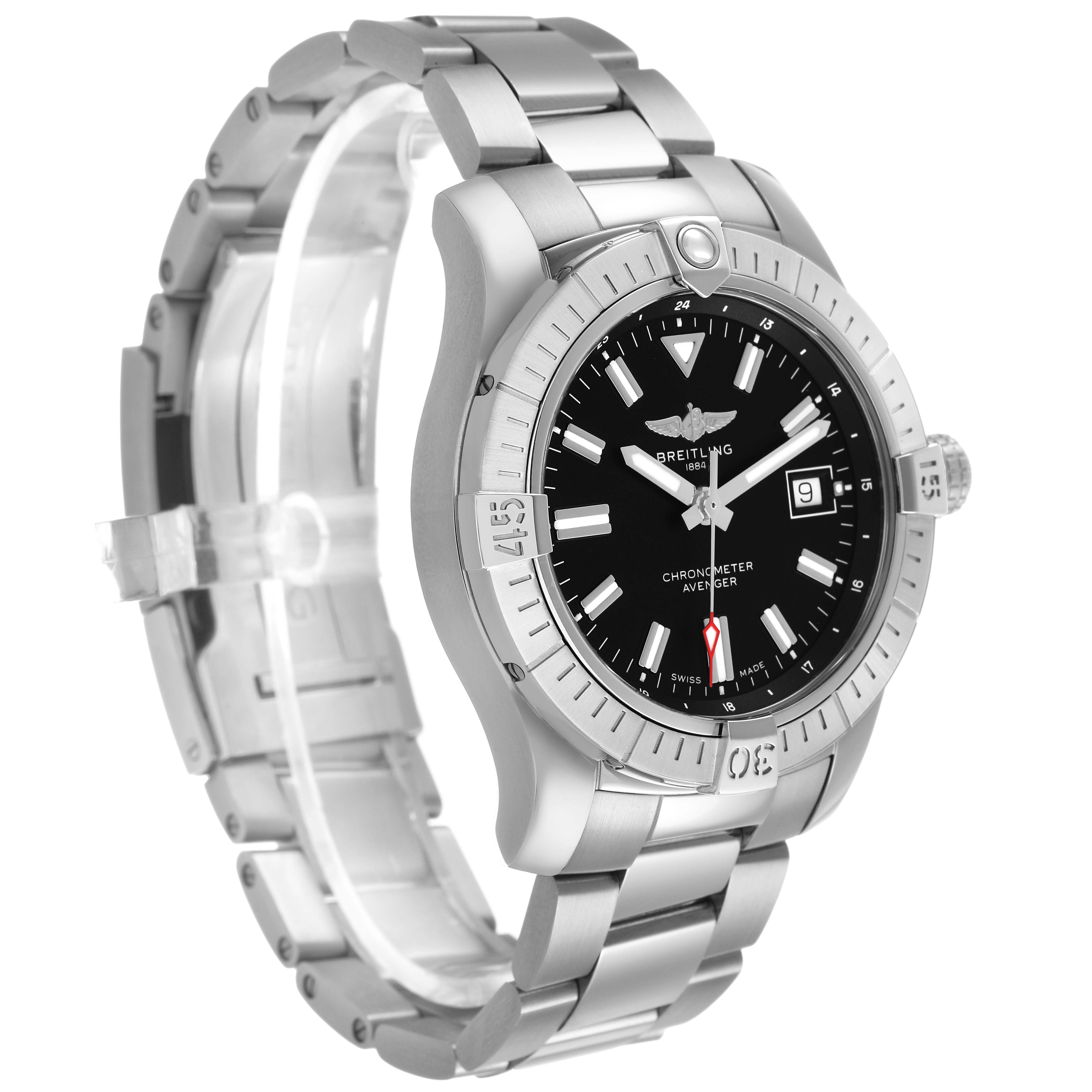 The Breitling Avenger A17318 Men's Stainless Steel Black Dial watch is shown at a front angle, highlighting its black dial, bezel, and metal bracelet.