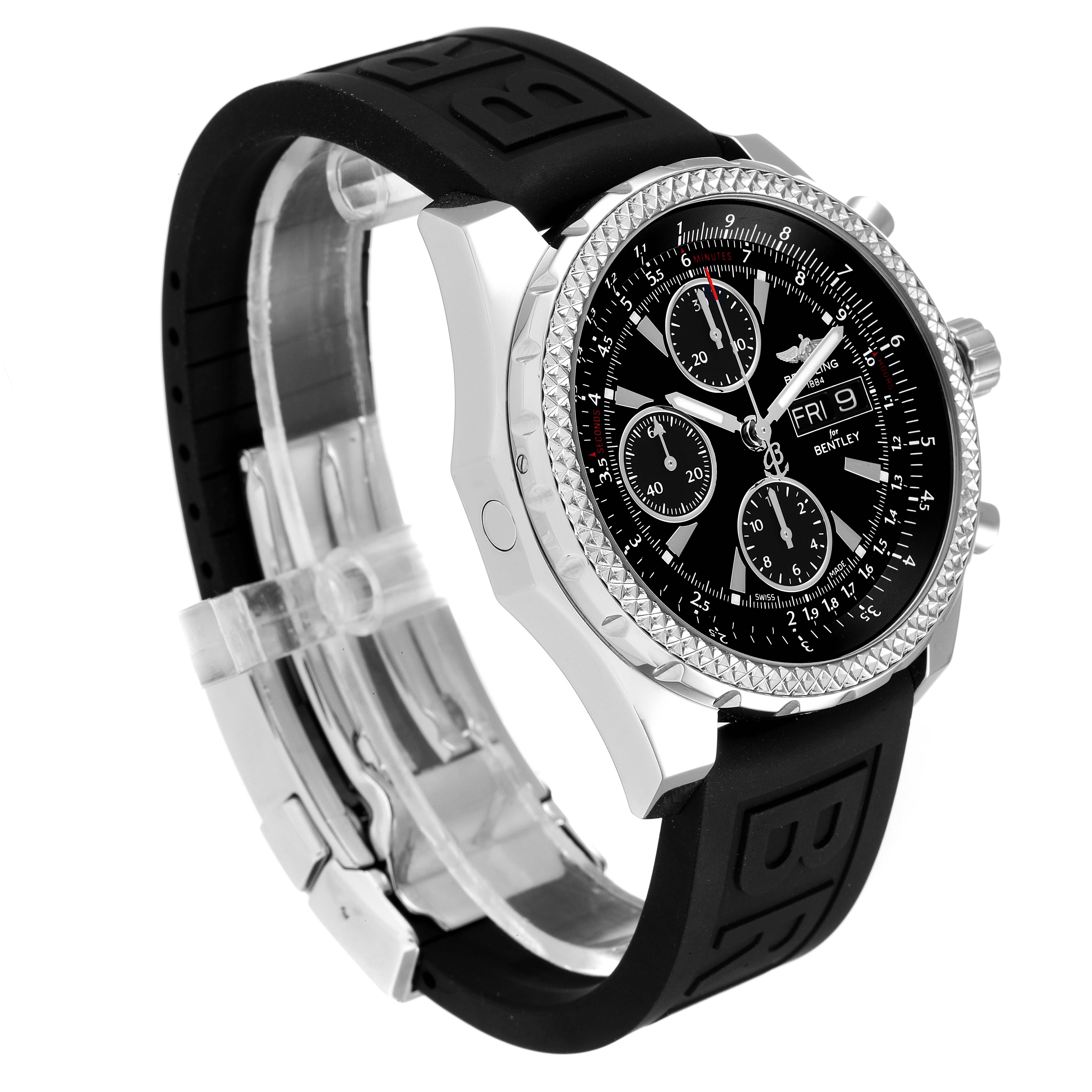 This Breitling Bentley A13362 Men's Stainless Steel Black Dial A13362 Men's Stainless Steel Black Dial model watch is shown from a slightly angled side view, featuring the black strap, bezel, and dial.