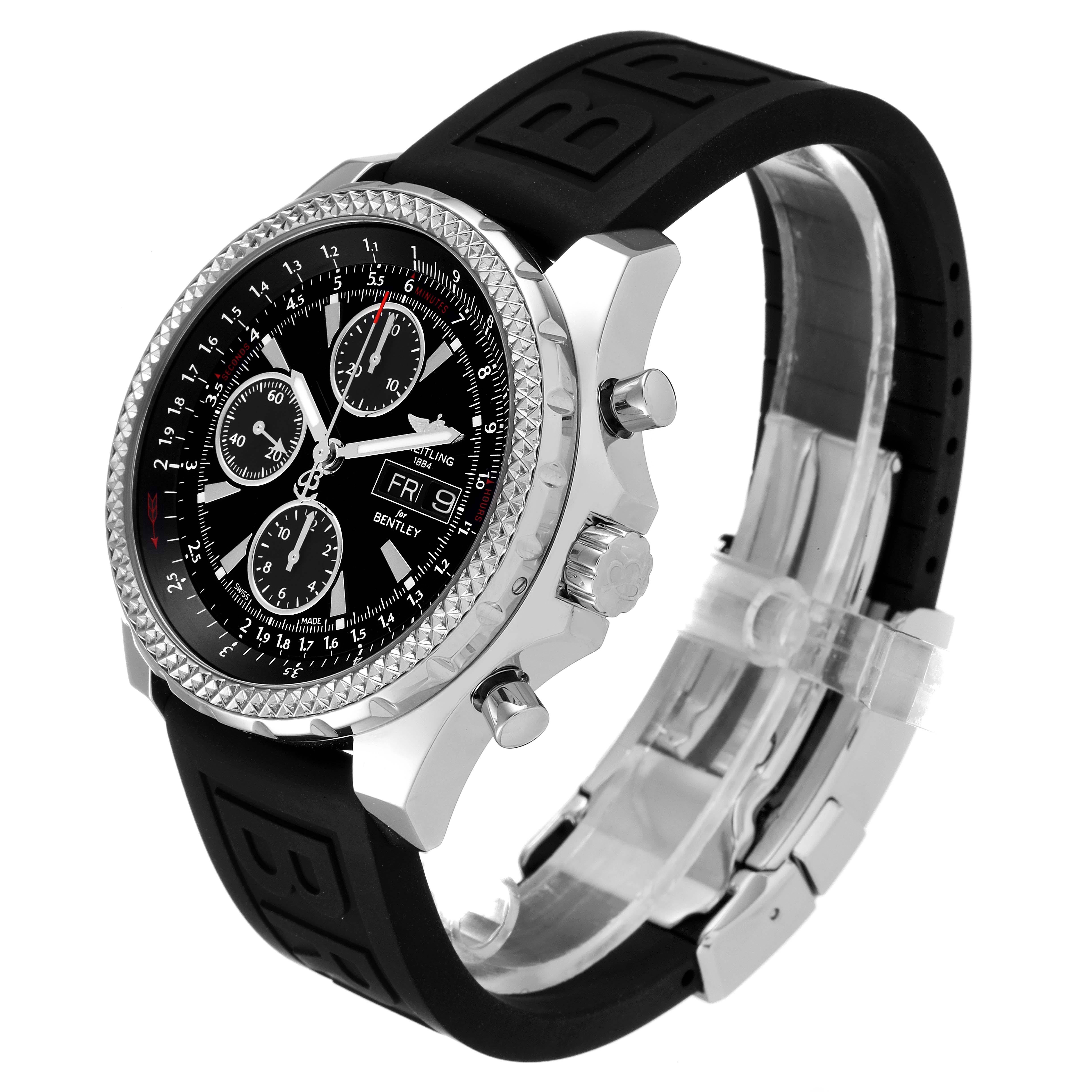 The Breitling Bentley A13362 Men's Stainless Steel Black Dial A13362 Men's Stainless Steel Black Dial watch is shown at a three-quarter angle, displaying its black dial, chronograph sub-dials, and black rubber strap.