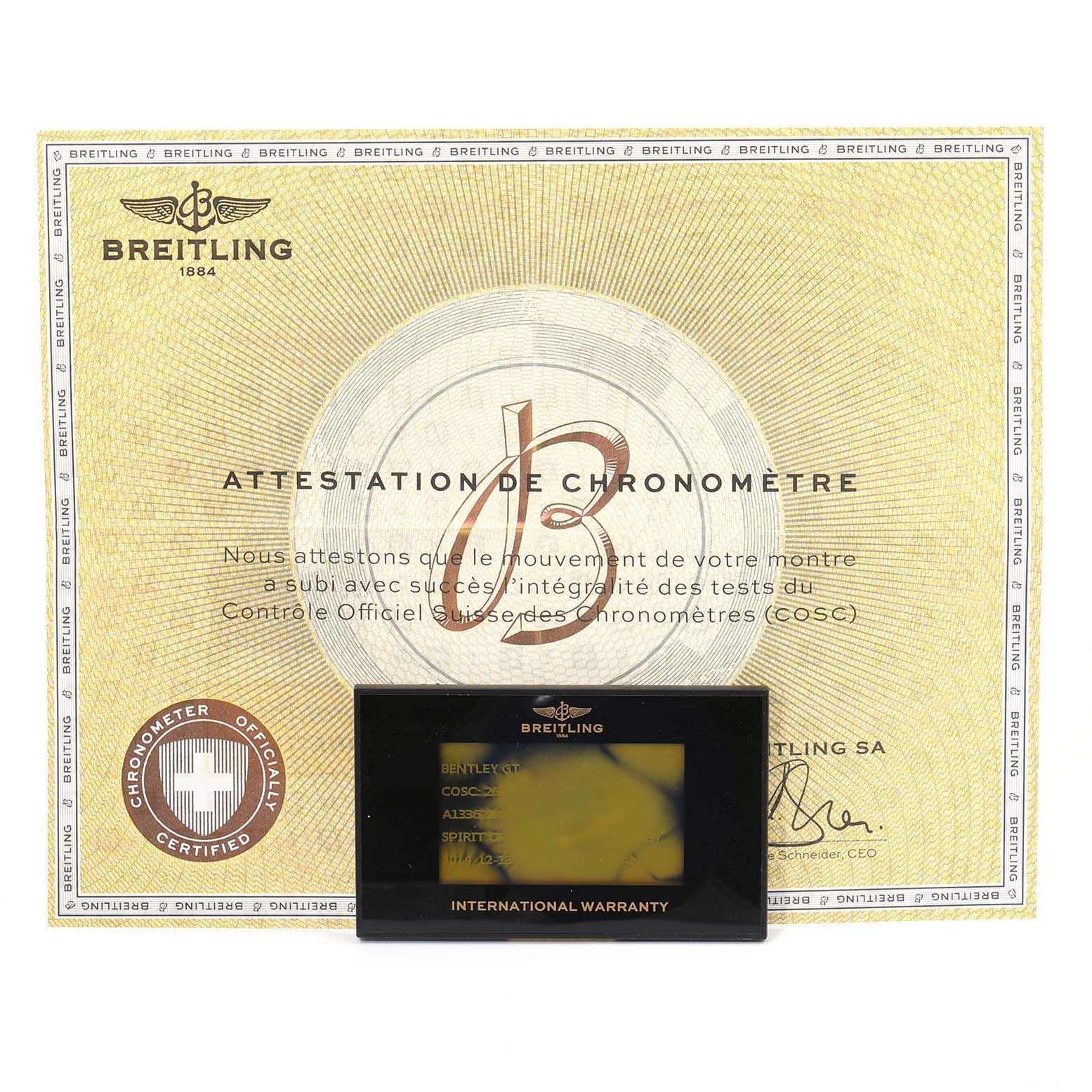 This image shows the certification and warranty card for a Breitling Bentley A13362 Men's Stainless Steel Black Dial A13362 Men's Stainless Steel Black Dial model watch.