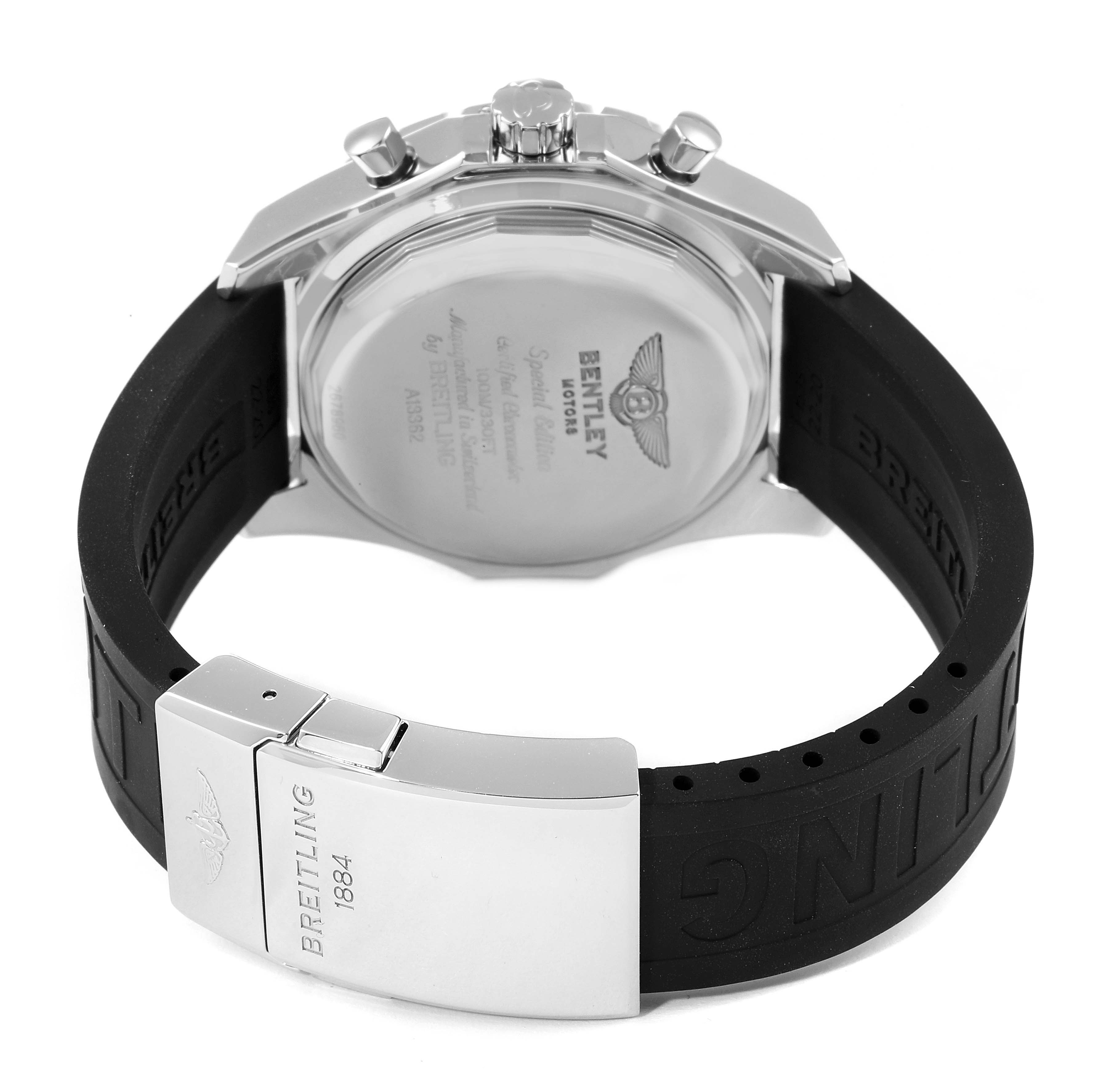 The image shows the back view of the Breitling Bentley A13362 Men's Stainless Steel Black Dial A13362 Men's Stainless Steel Black Dial watch, highlighting its clasp, strap, and case back.