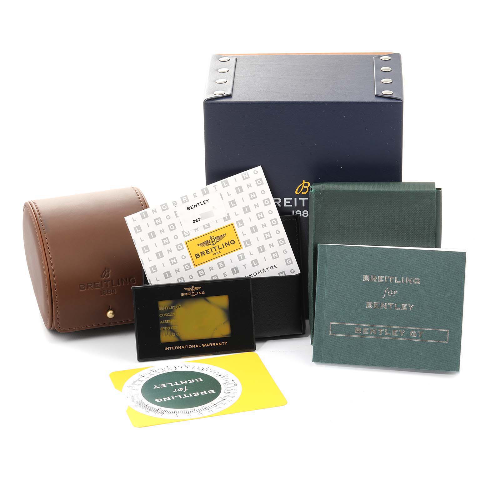 This image shows the packaging and accessories for a Breitling Bentley A13362 Men's Stainless Steel Black Dial A13362 Men's Stainless Steel Black Dial model watch, including boxes, manuals, and warranty cards.