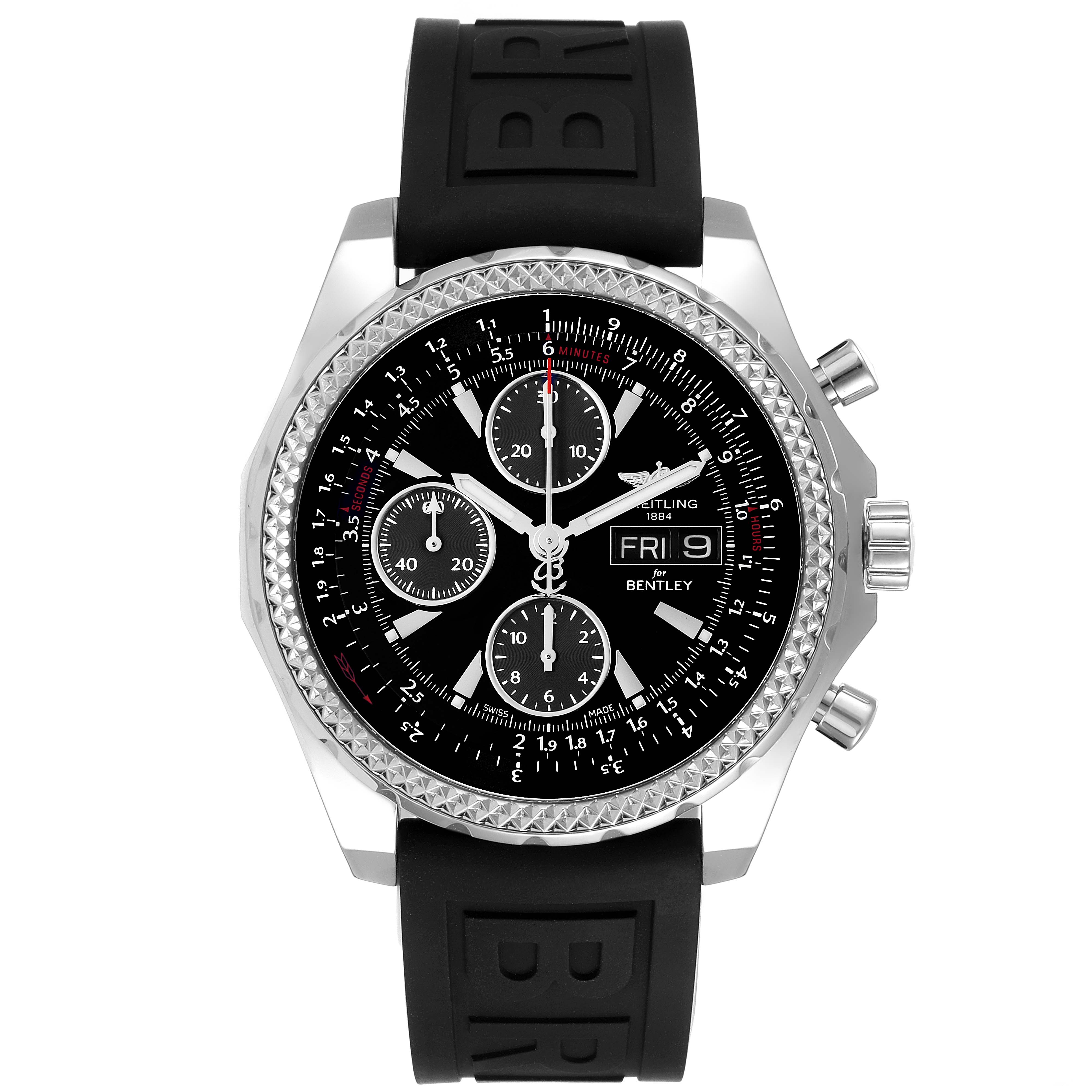 The image shows a front view of the Breitling Bentley A13362 Men's Stainless Steel Black Dial A13362 Men's Stainless Steel Black Dial watch, displaying its black dial, rubber strap, and chronograph features.