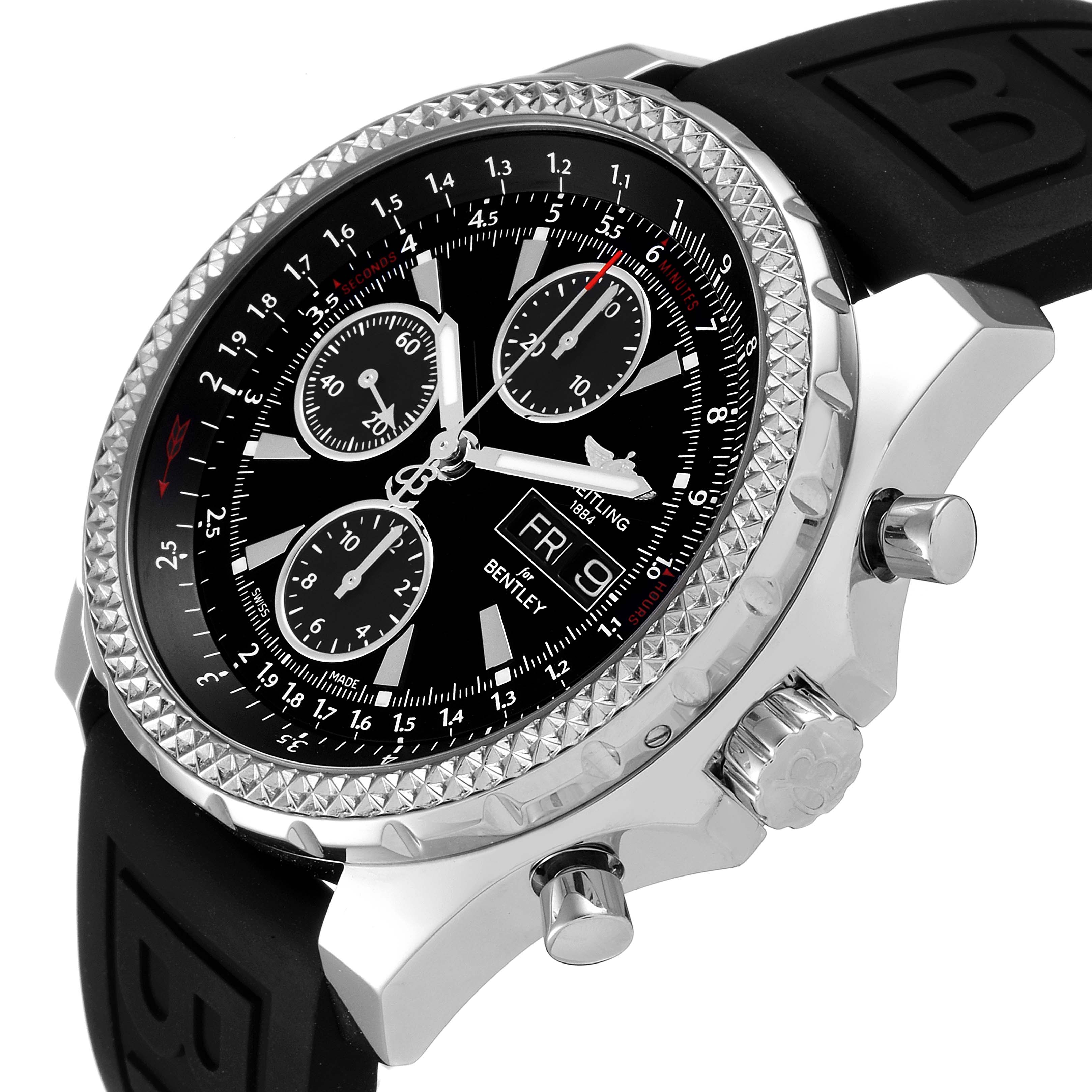 The Breitling Bentley A13362 Men's Stainless Steel Black Dial A13362 Men's Stainless Steel Black Dial model watch is shown from a slight side angle, featuring its face, bezel, crown, and pushers, with a black strap.