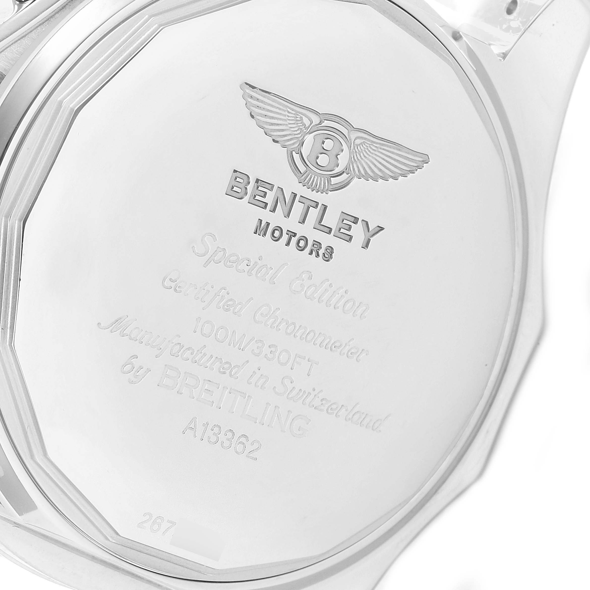 The image shows the back case of the Bentley model watch by Breitling, highlighting the engraved information and logo.