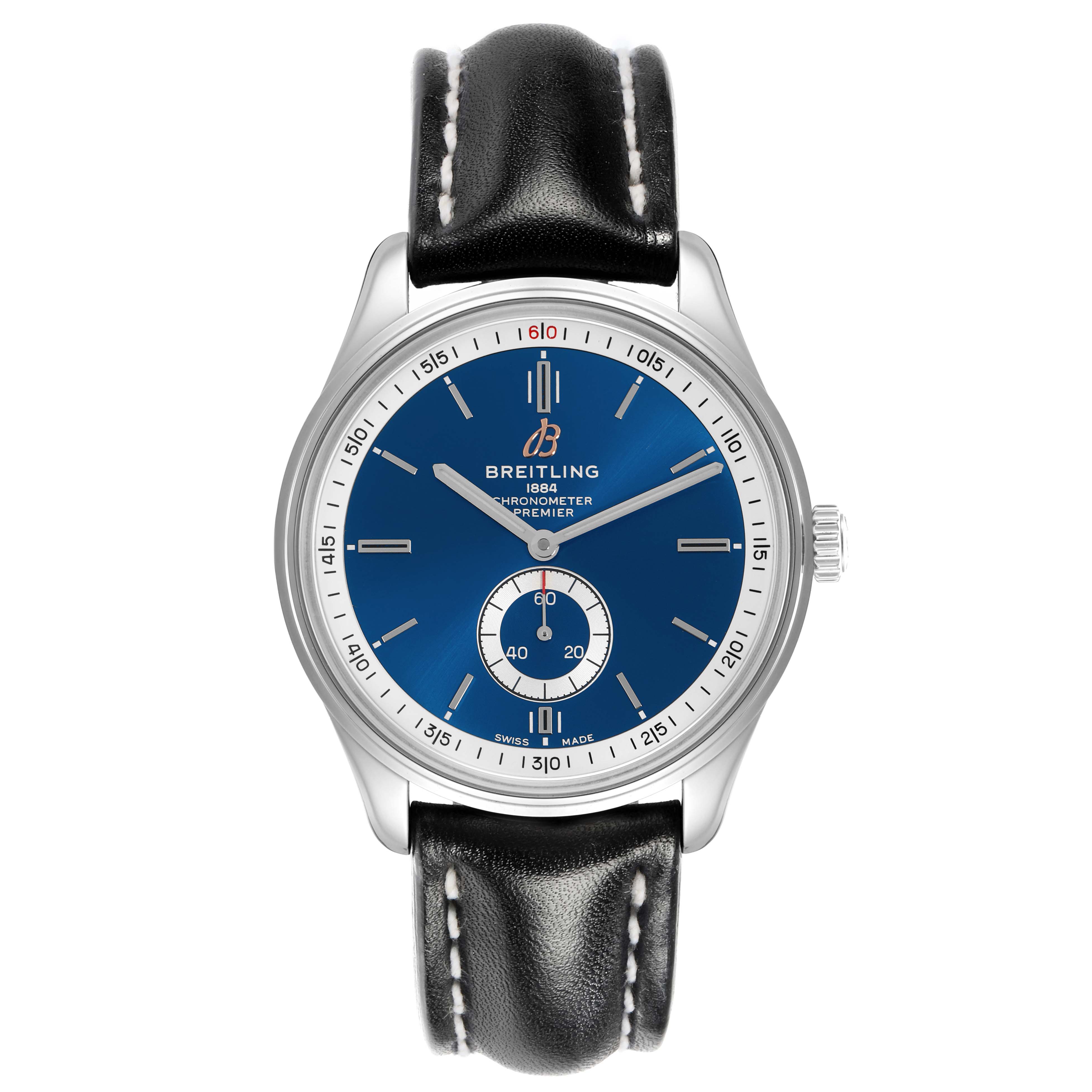 The image shows a front view of the Breitling Premier A37340351C1P1 Men
s Stainless Steel Blue Dial A37340351C1P1 Men
s Stainless Steel Blue Dial watch featuring a blue dial, silver markers, and a black leather strap.