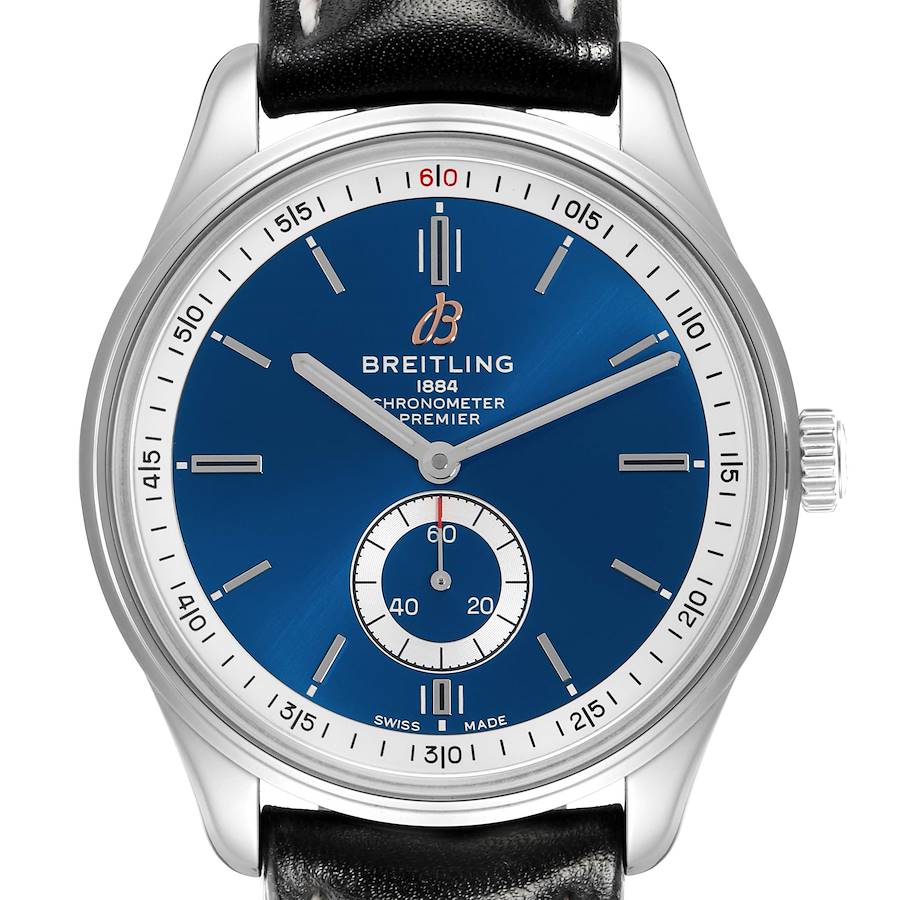 The Breitling Premier watch is shown from the front, displaying its blue dial, hour markers, hands, and sub-dial.