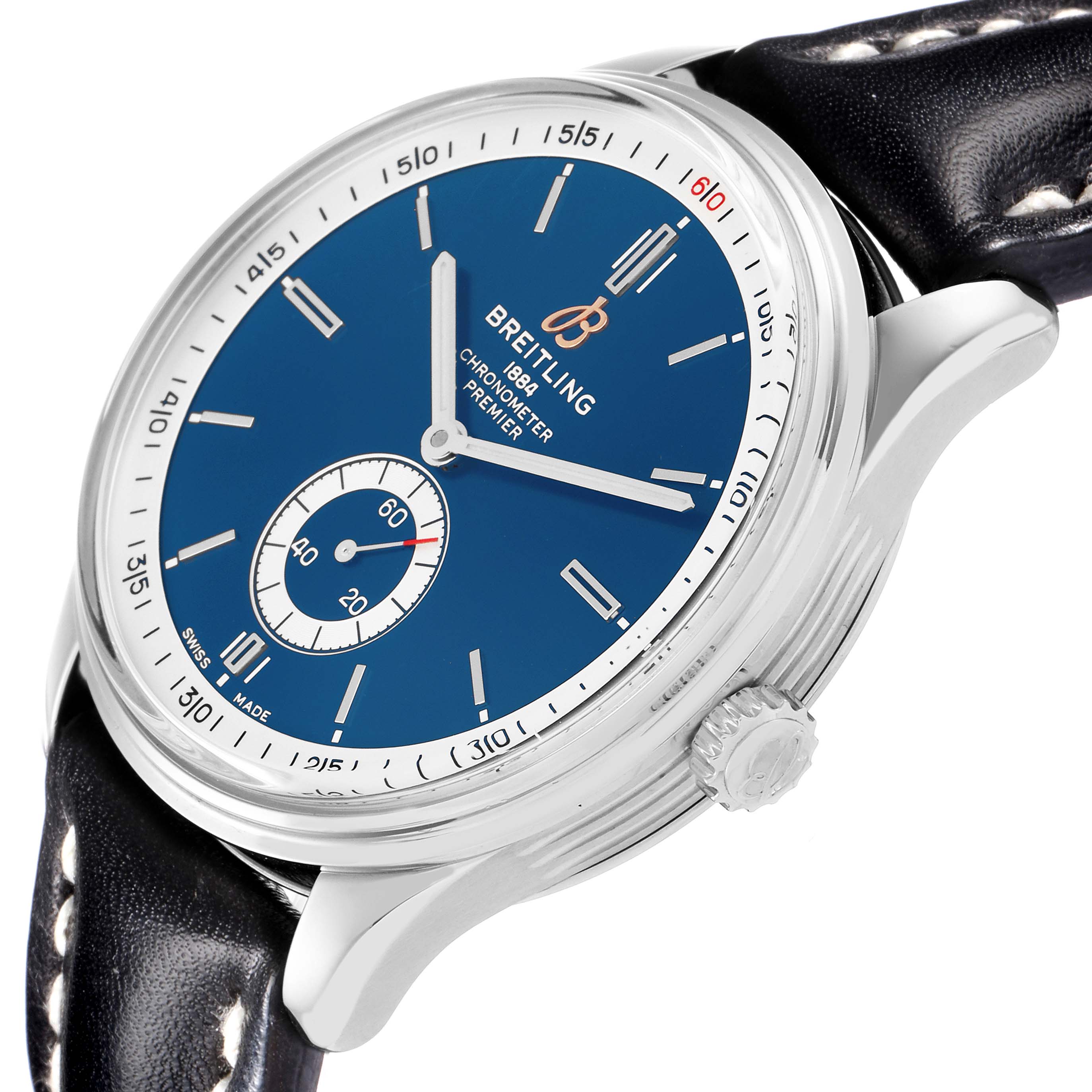 The Breitling Premier A37340351C1P1 Men
s Stainless Steel Blue Dial A37340351C1P1 Men
s Stainless Steel Blue Dial model watch is shown at an angle highlighting the face, crown, and part of the leather strap.