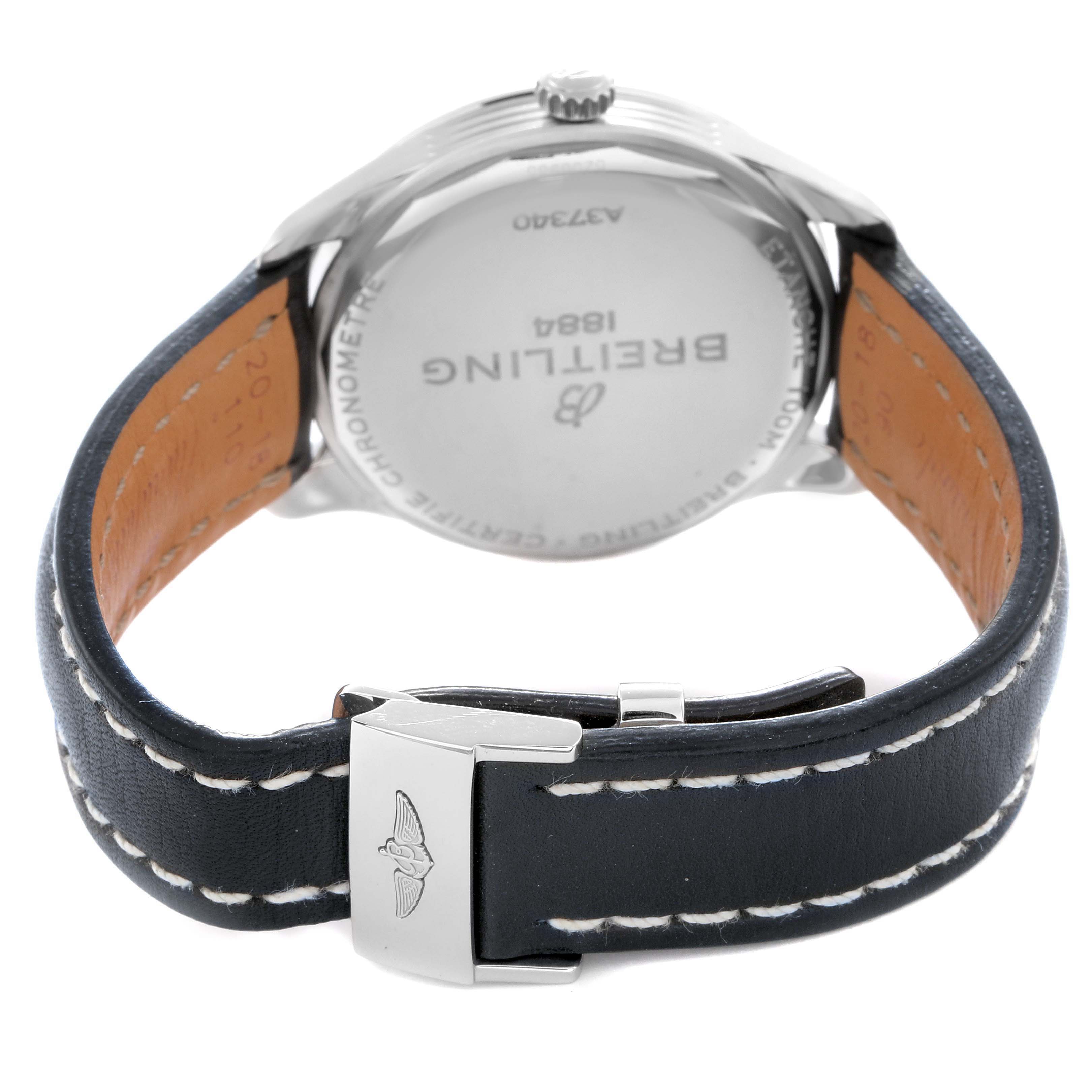 The image shows the back of the Breitling Premier A37340351C1P1 Men
s Stainless Steel Blue Dial A37340351C1P1 Men
s Stainless Steel Blue Dial watch, highlighting the case back and leather strap with a buckle.