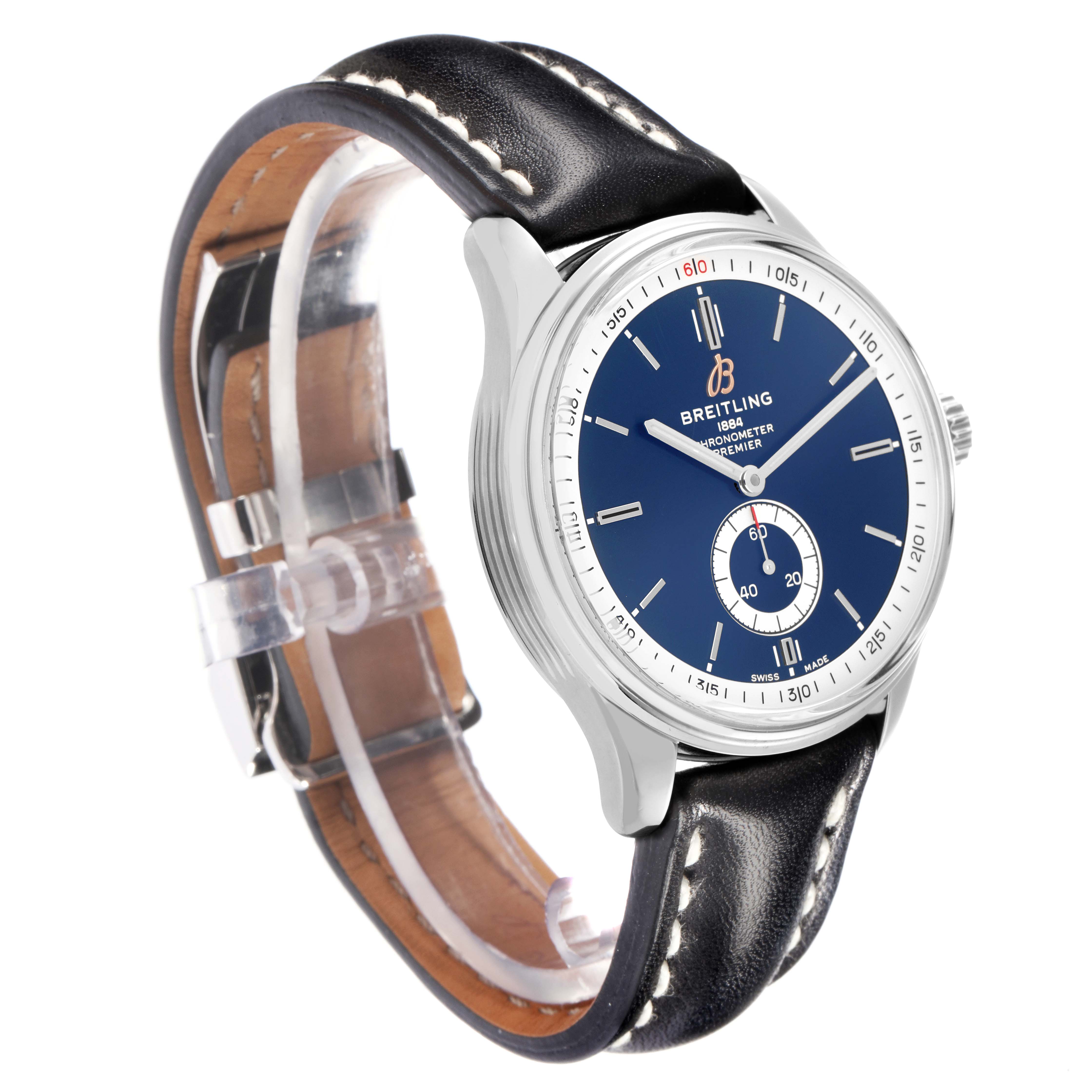 The Breitling Premier A37340351C1P1 Men
s Stainless Steel Blue Dial A37340351C1P1 Men
s Stainless Steel Blue Dial watch is shown at a slight angle, displaying the face, case, crown, and leather strap with stitching.