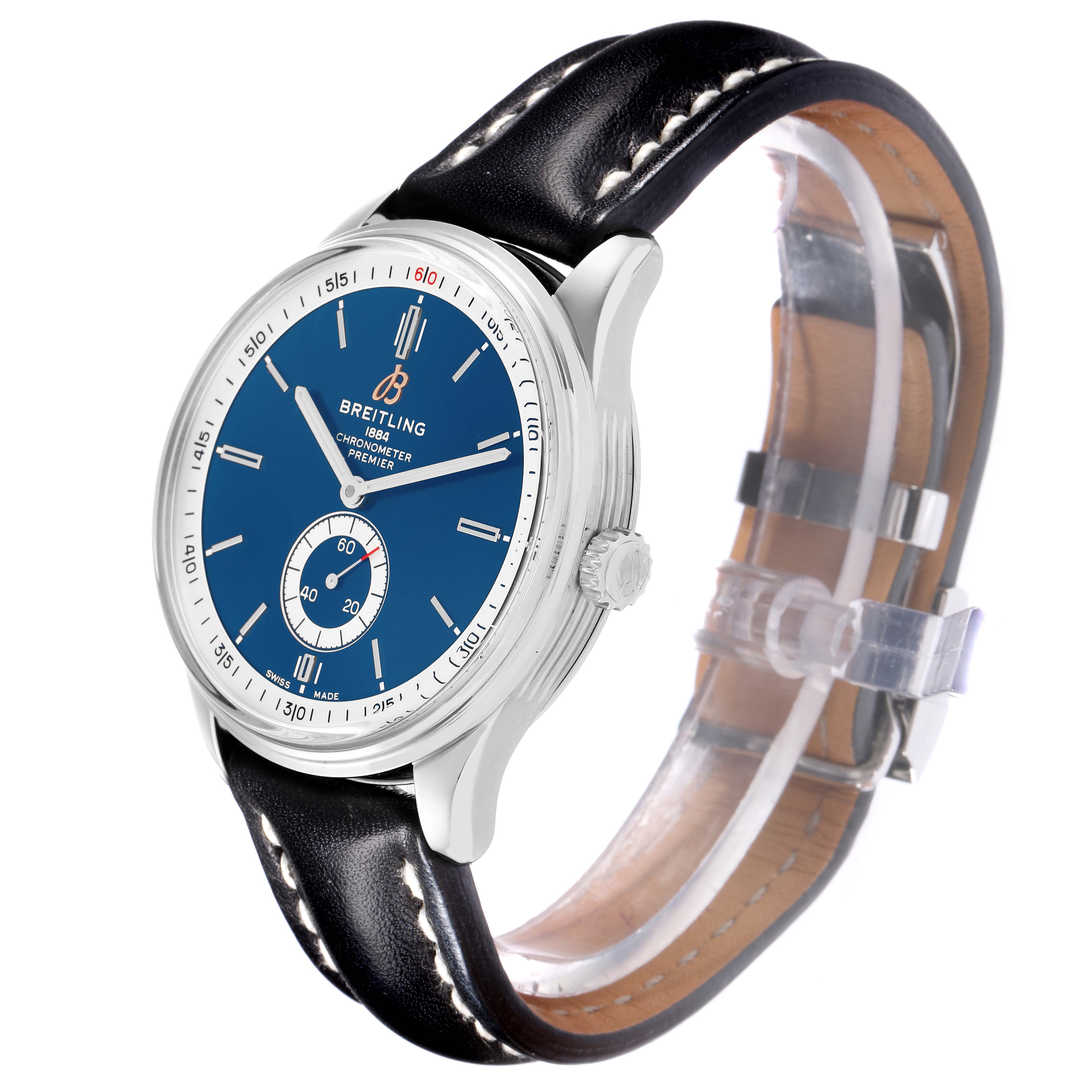 The Breitling Premier A37340351C1P1 Men
s Stainless Steel Blue Dial A37340351C1P1 Men
s Stainless Steel Blue Dial watch is shown at a side angle, highlighting the face, bezel, crown, and leather strap.