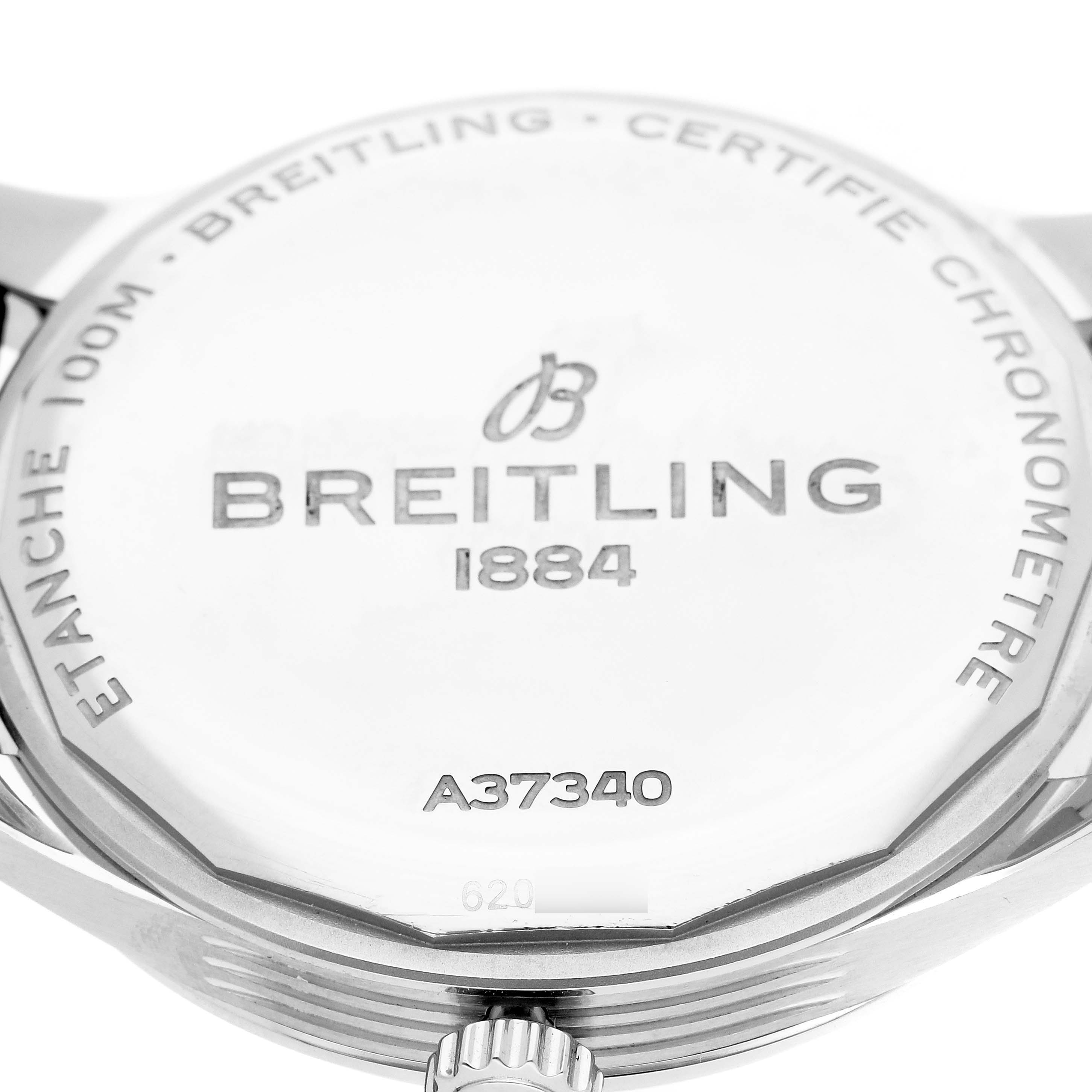 The image shows the back of a Breitling Premier A37340351C1P1 Men
s Stainless Steel Blue Dial A37340351C1P1 Men
s Stainless Steel Blue Dial watch, highlighting model details and the crown.