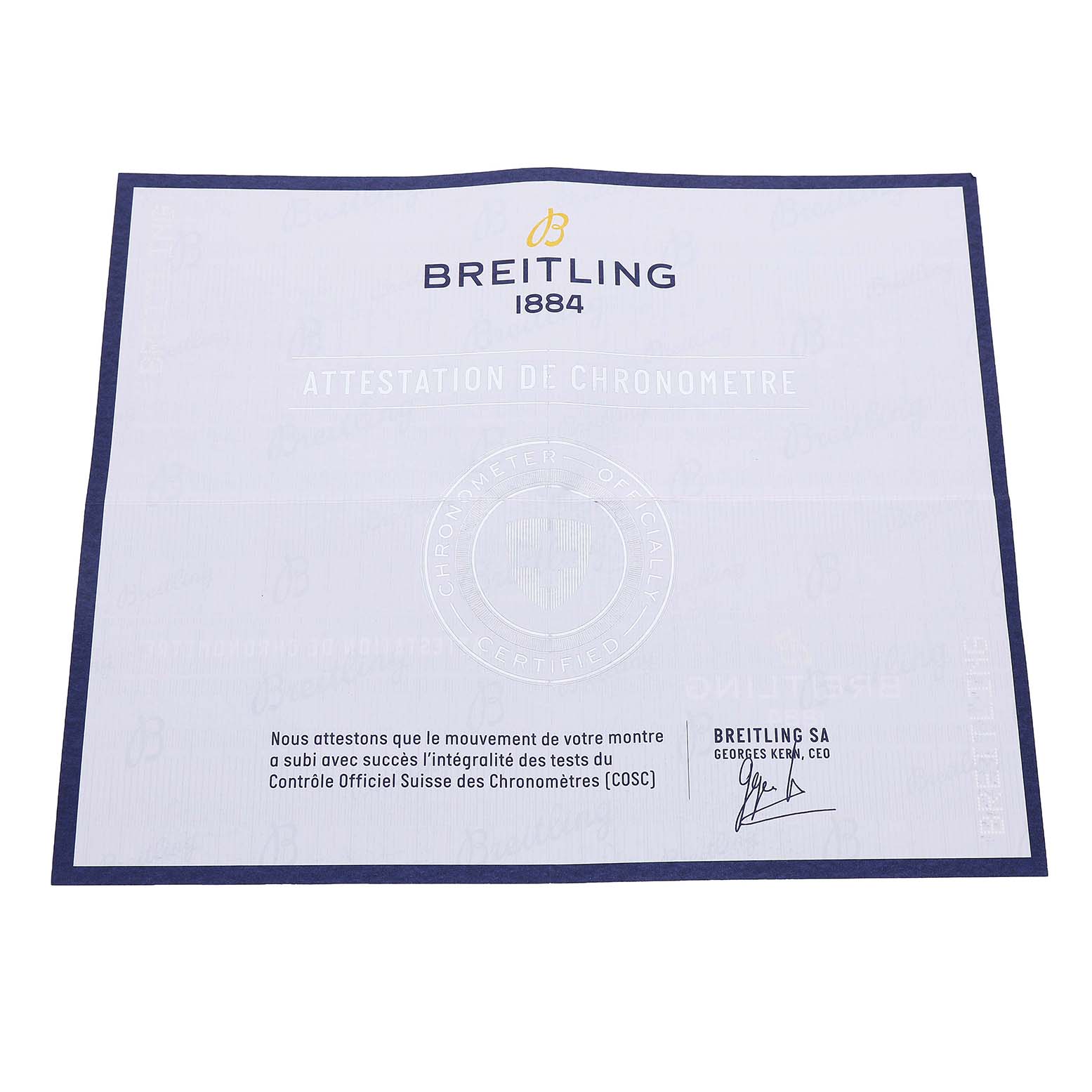 The image shows a Breitling Superocean A17365 Men's Stainless Steel Black Dial chronometer certification document laid flat.