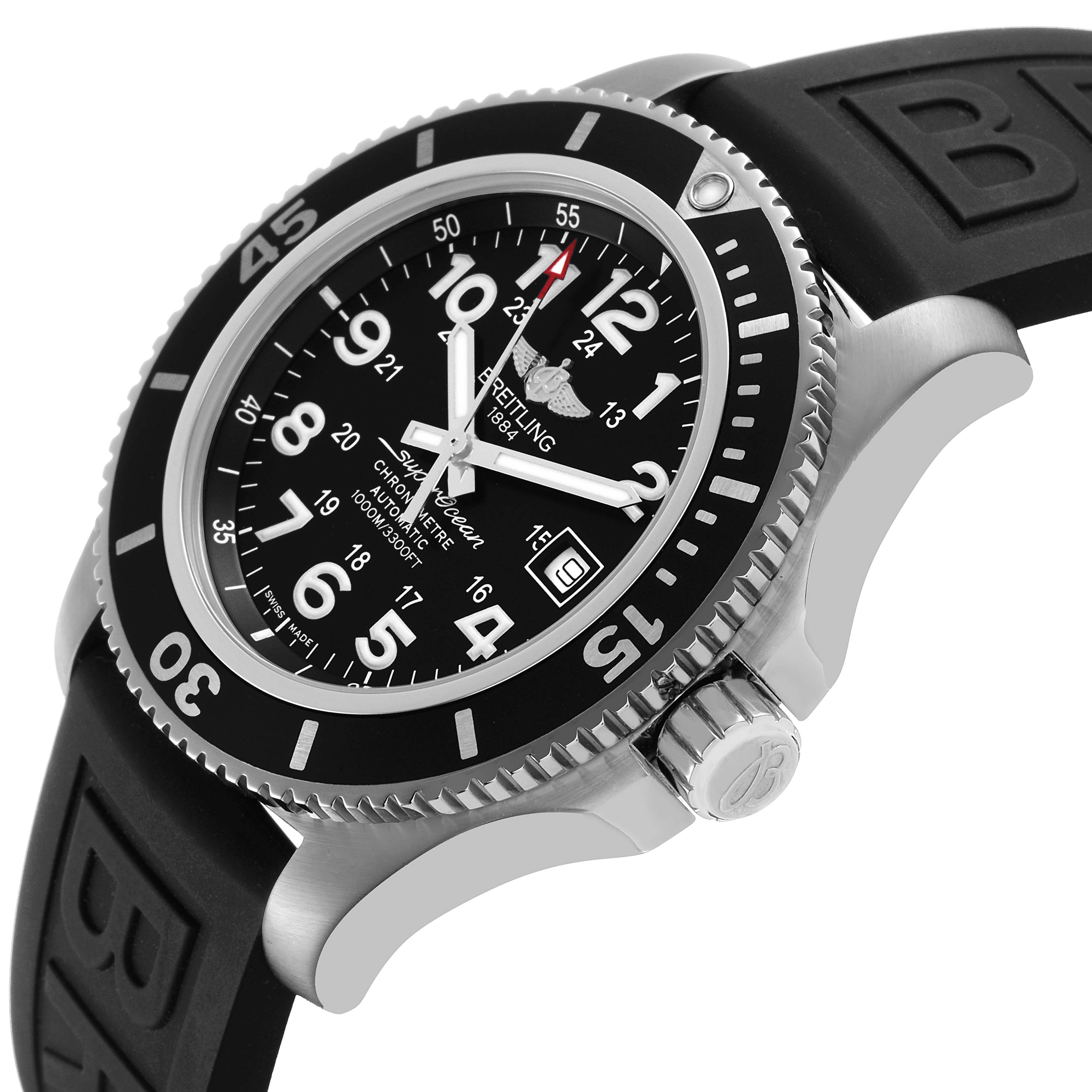 The Breitling Superocean A17365 Men's Stainless Steel Black Dial watch is shown at a side angle, featuring its bezel, crown, and rubber strap.