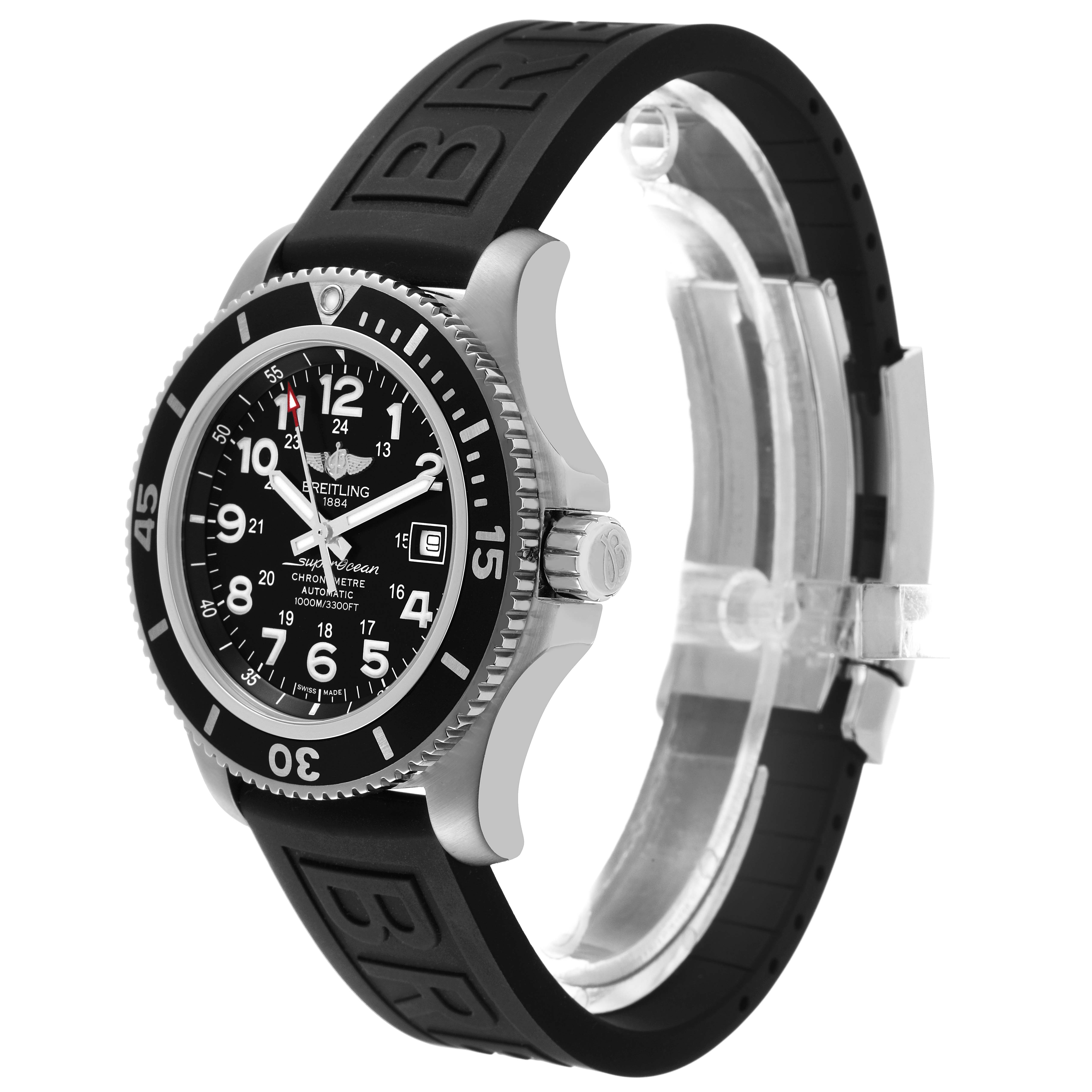 The Breitling Superocean A17365 Men's Stainless Steel Black Dial watch is shown from a three-quarter angle, highlighting the bezel, dial, crown, and strap.