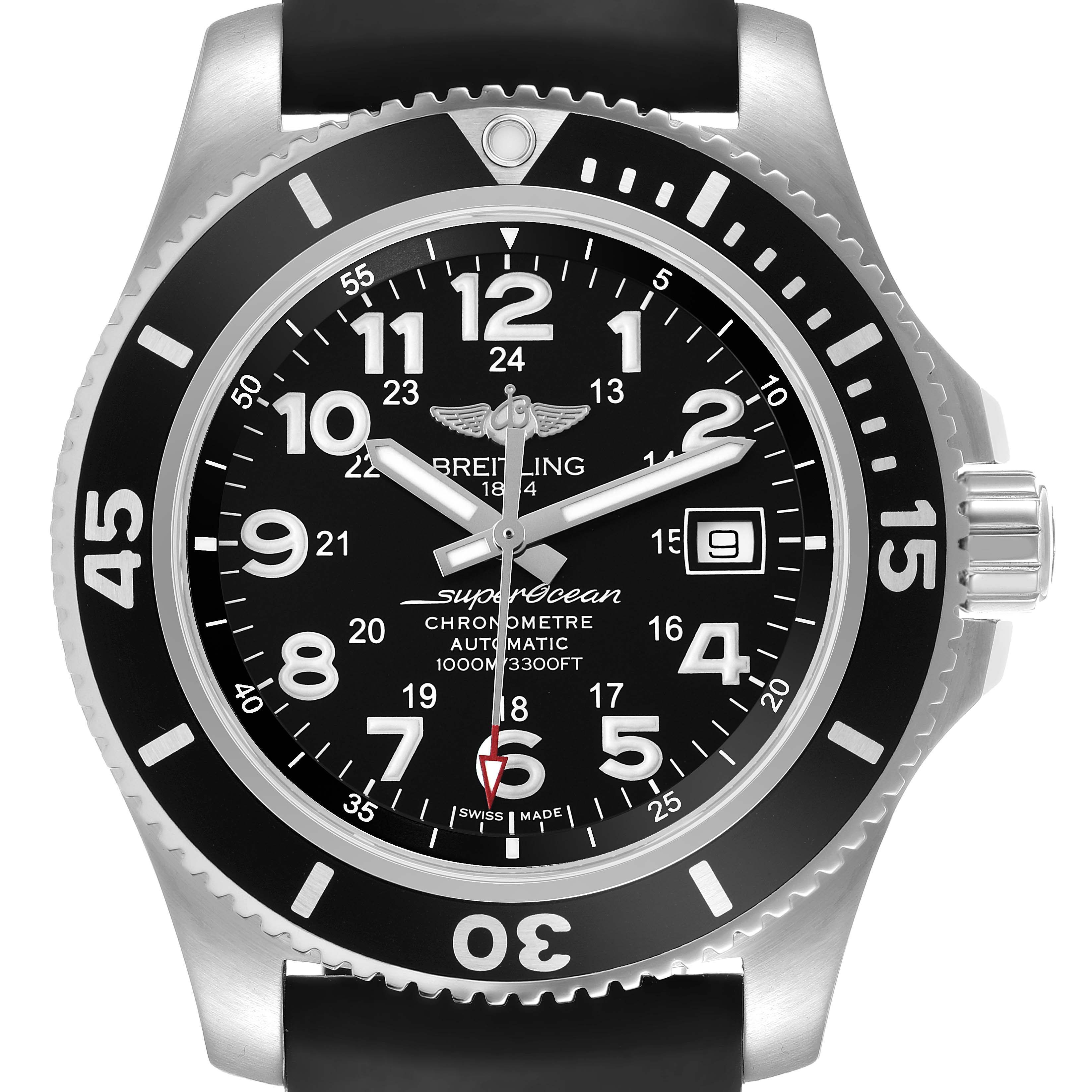 The Breitling Superocean A17365 Men's Stainless Steel Black Dial watch is shown from a front angle, highlighting the dial, bezel, and crown.