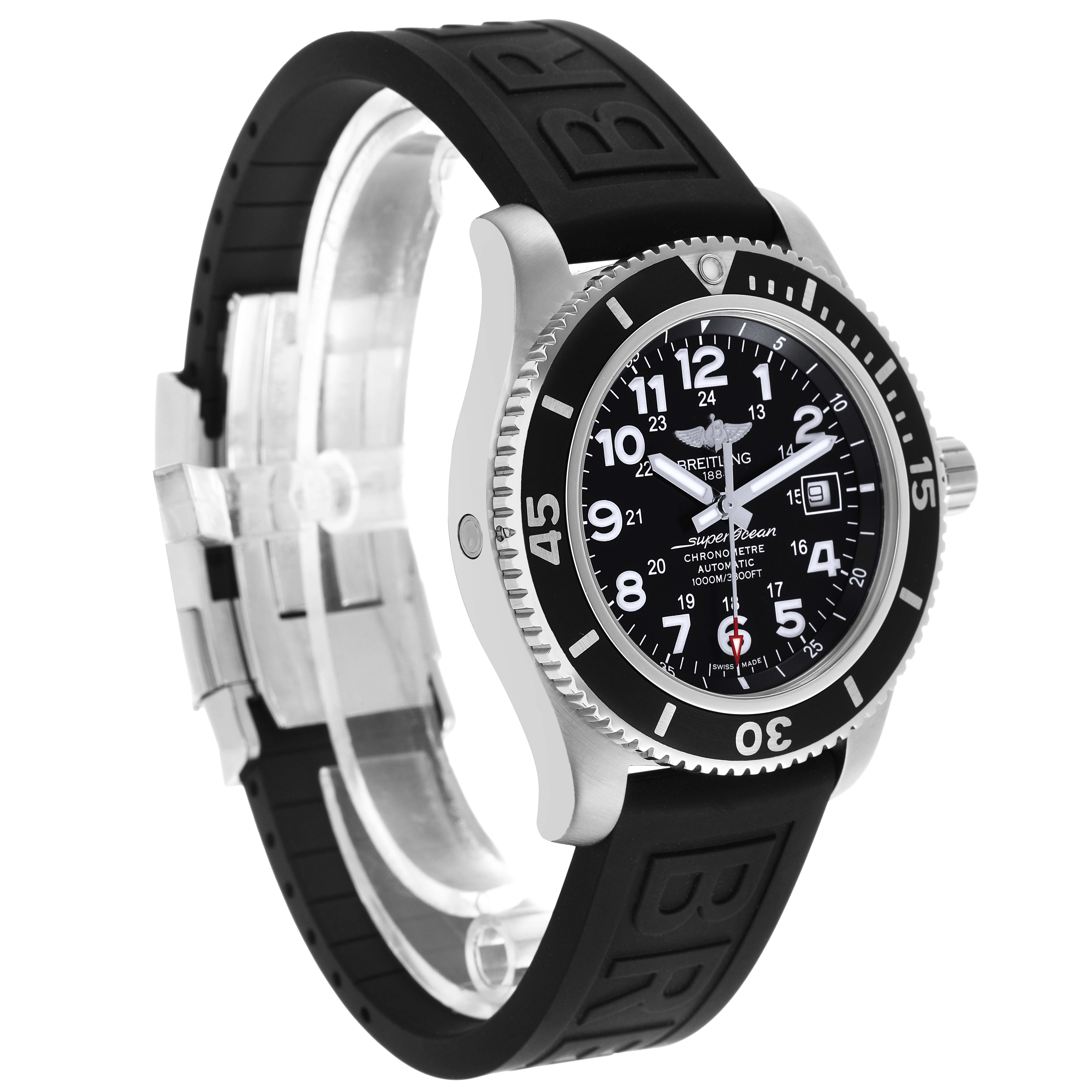 The Breitling Superocean A17365 Men's Stainless Steel Black Dial watch is shown at an angle displaying the face, bezel, and rubber strap.