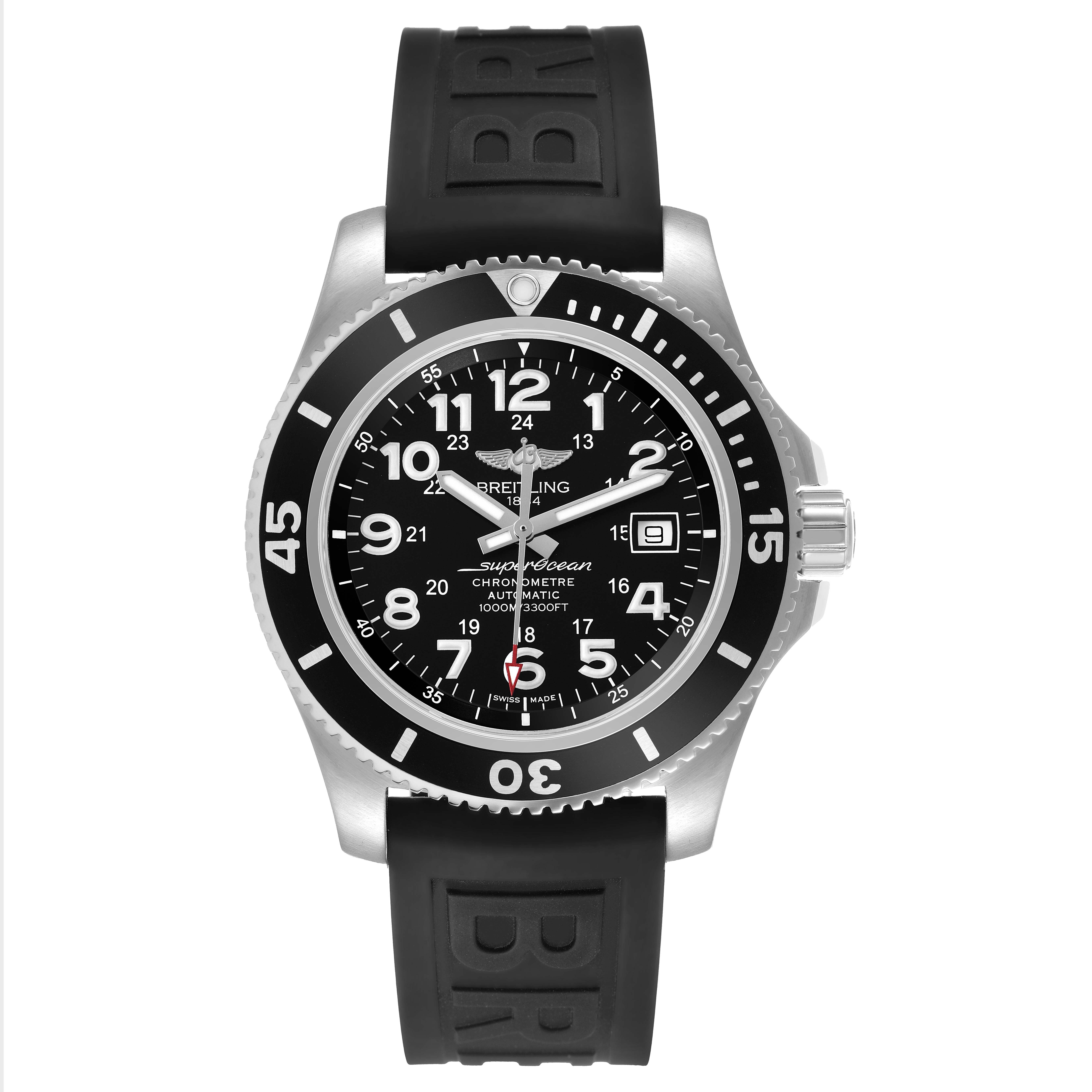 The Breitling Superocean A17365 Men's Stainless Steel Black Dial watch is shown front-facing, displaying the dial, bezel, and part of the rubber strap.