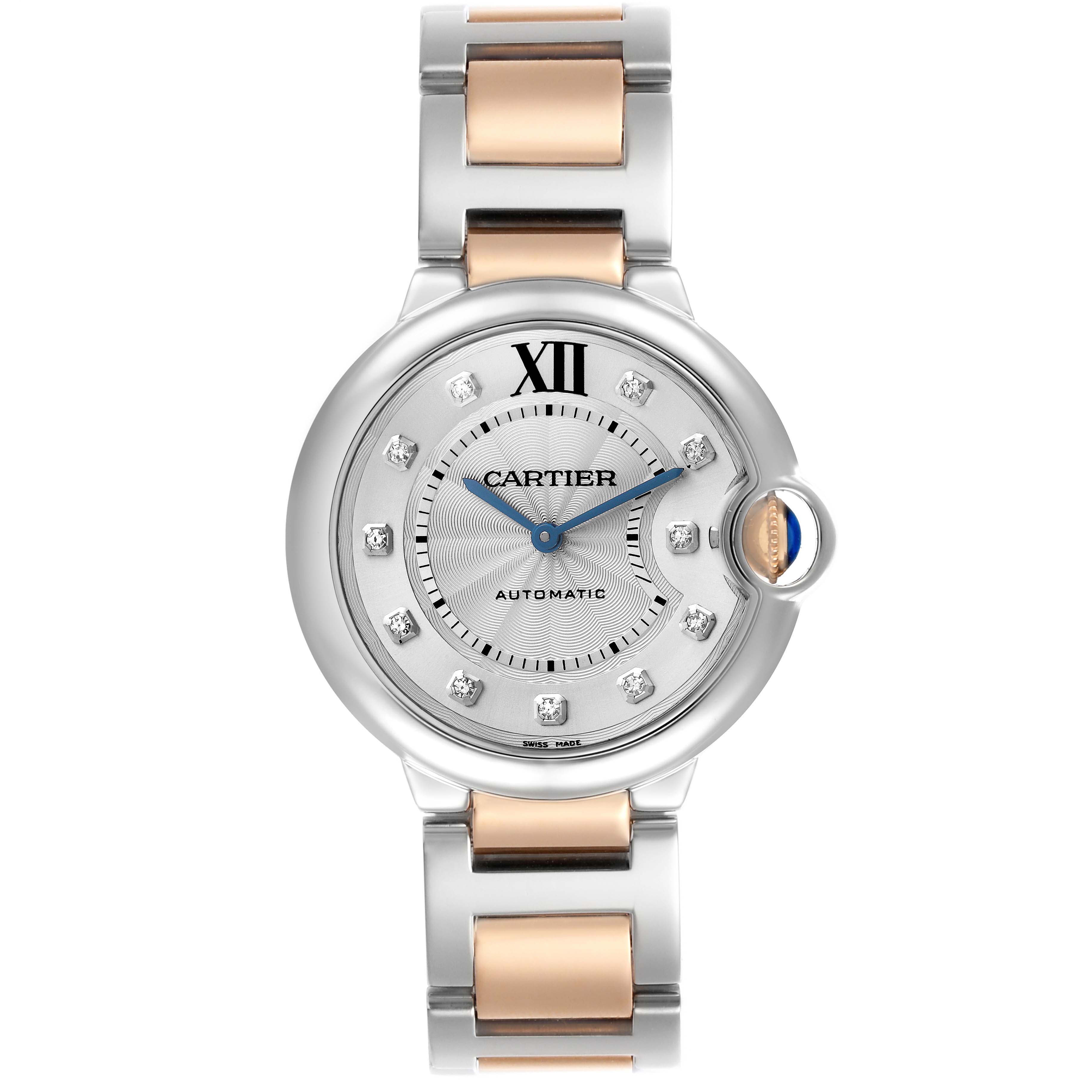 The image shows a Cartier Ballon Bleu W3BB0018 Men
s Steel and Gold (two tone) Silver Dial W3BB0018 Men
s Steel and Gold (two tone) Silver Dial watch face and bracelet, viewed directly from above.