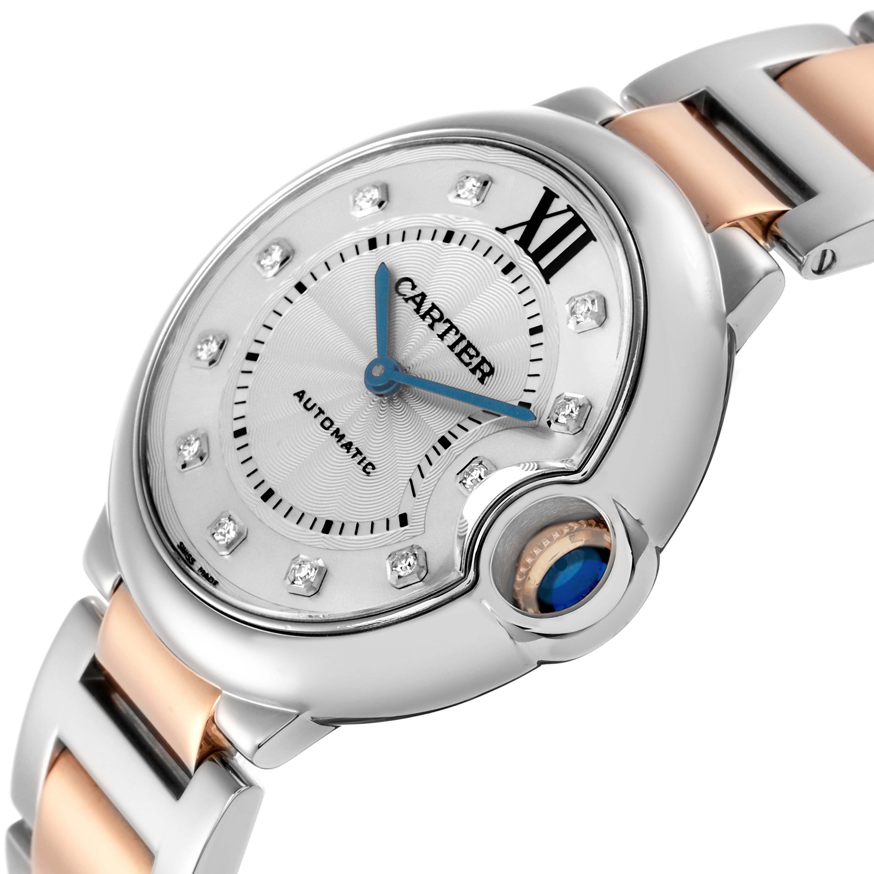 The Cartier Ballon Bleu W3BB0018 Men
s Steel and Gold (two tone) Silver Dial W3BB0018 Men
s Steel and Gold (two tone) Silver Dial watch is shown at an angled view highlighting its face, crown, and bracelet details.