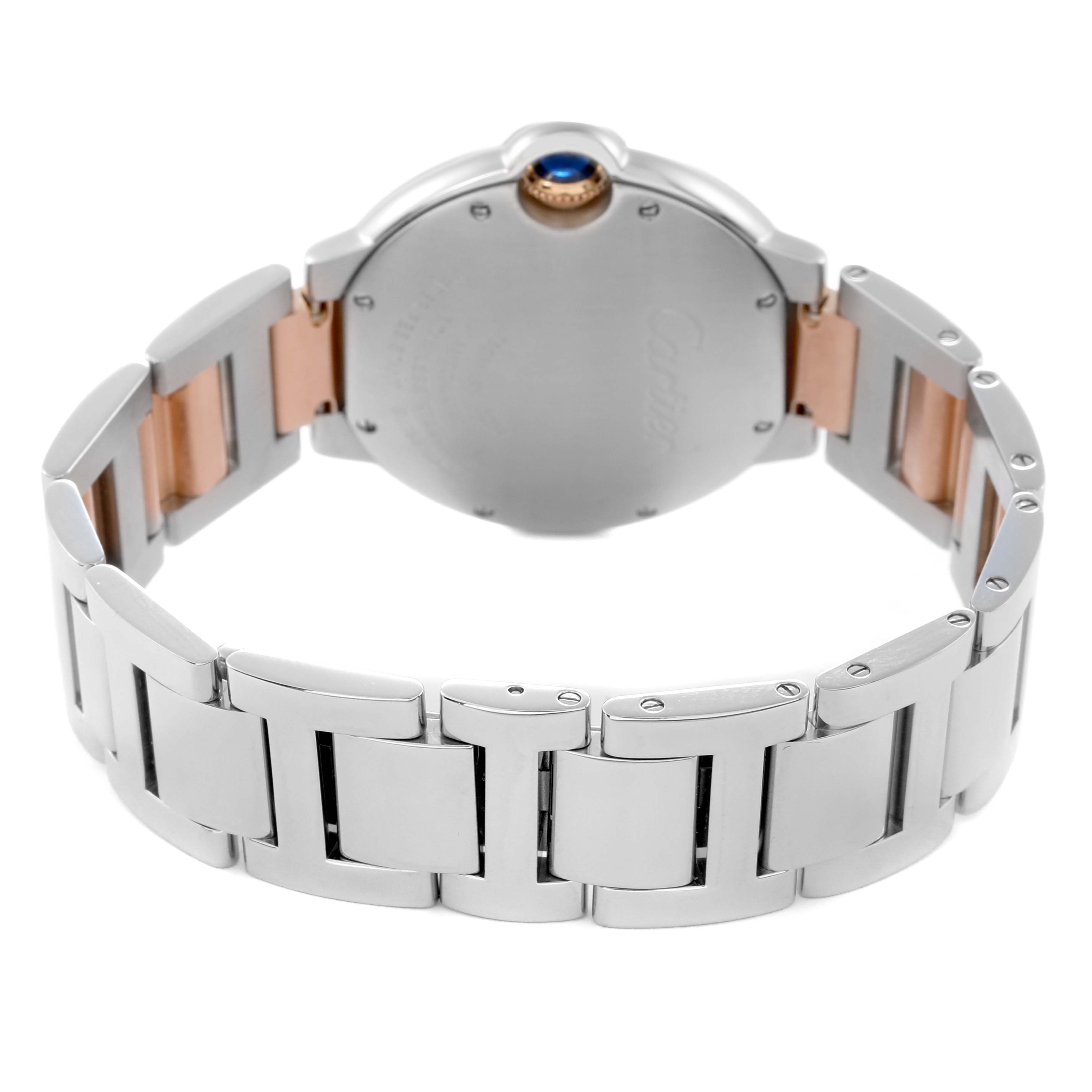 The image shows a rear view of the Cartier Ballon Bleu W3BB0018 Men
s Steel and Gold (two tone) Silver Dial W3BB0018 Men
s Steel and Gold (two tone) Silver Dial watch, highlighting the back case and metal bracelet.