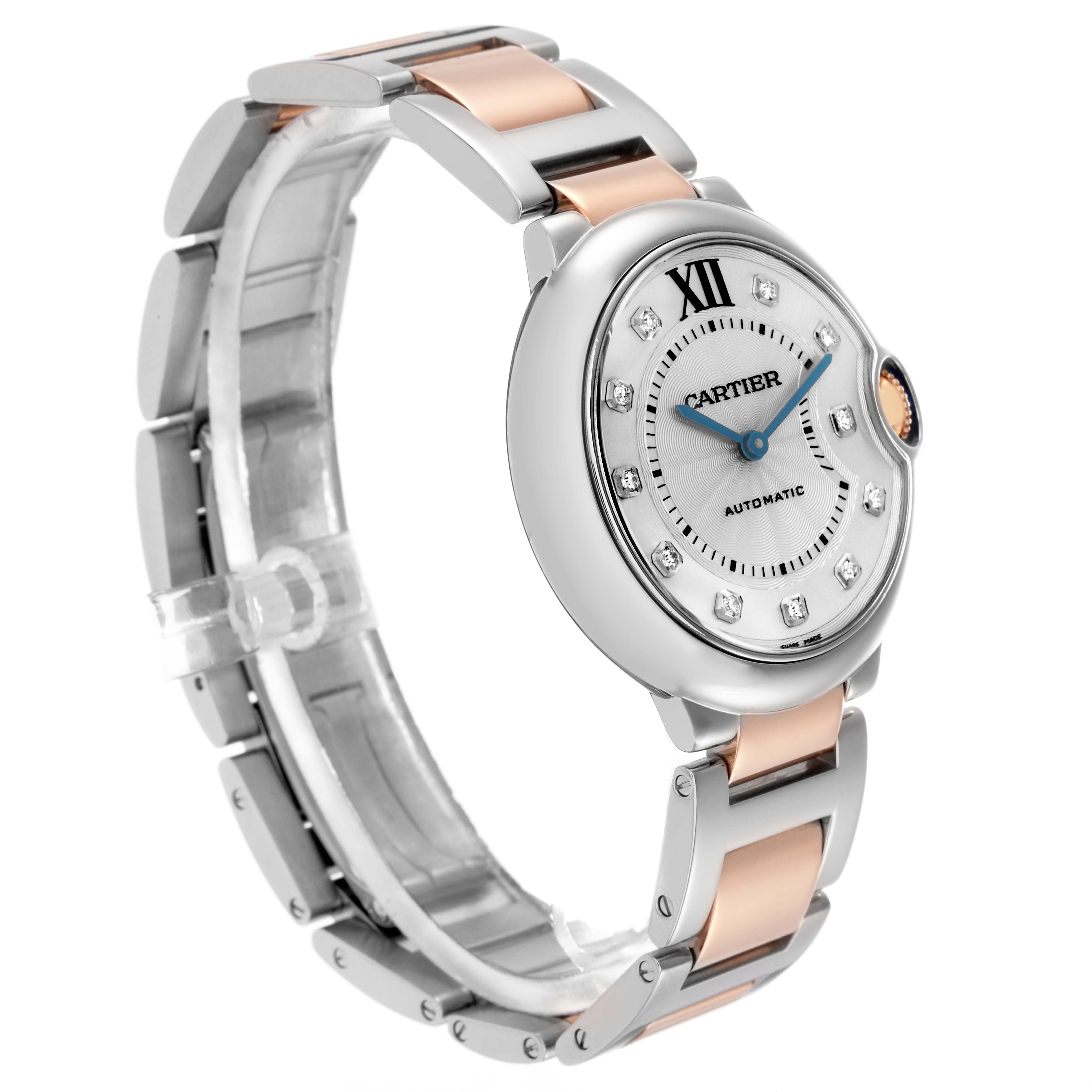 The Cartier Ballon Bleu W3BB0018 Men
s Steel and Gold (two tone) Silver Dial W3BB0018 Men
s Steel and Gold (two tone) Silver Dial watch is shown at a slight angle, highlighting its face, silver and rose gold bracelet, and intricate crown detail.