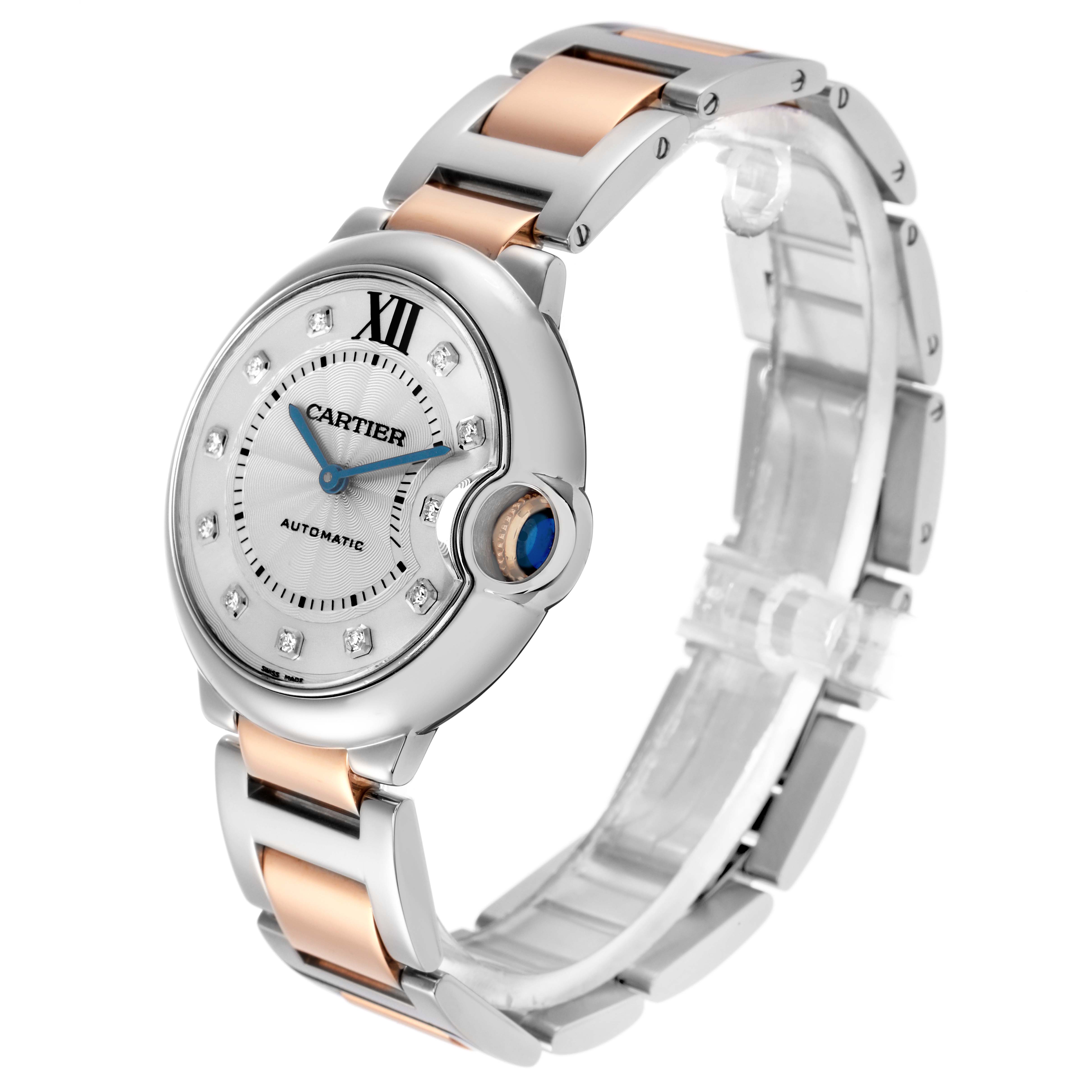 The Cartier Ballon Bleu W3BB0018 Men
s Steel and Gold (two tone) Silver Dial W3BB0018 Men
s Steel and Gold (two tone) Silver Dial watch is shown at a 3/4 angle, highlighting the face, crown, bezel, and two-tone bracelet.