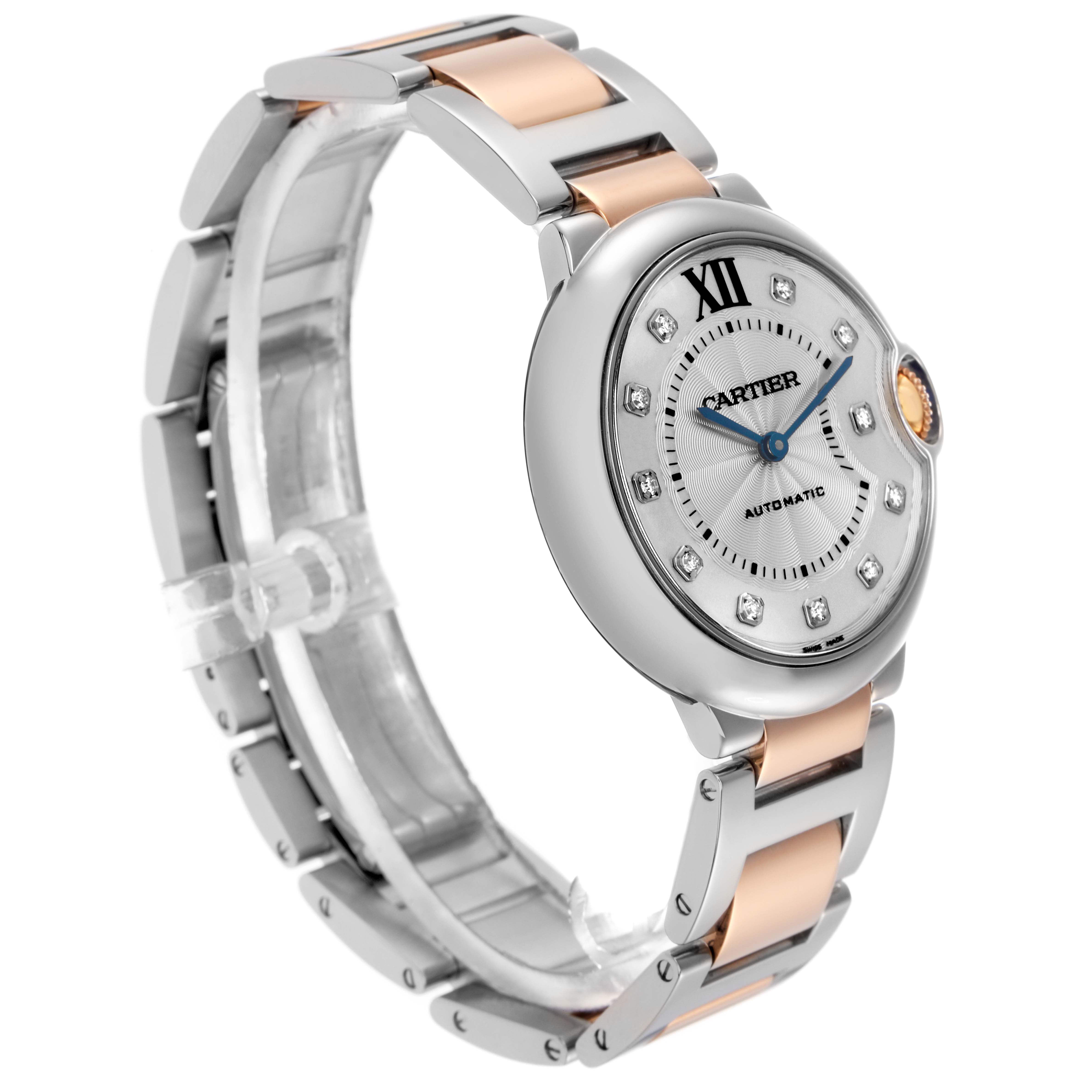 The Cartier Ballon Bleu W3BB0018 Men
s Steel and Gold (two tone) Silver Dial W3BB0018 Men
s Steel and Gold (two tone) Silver Dial watch is shown at a three-quarter angle, highlighting its face, bracelet, and crown.