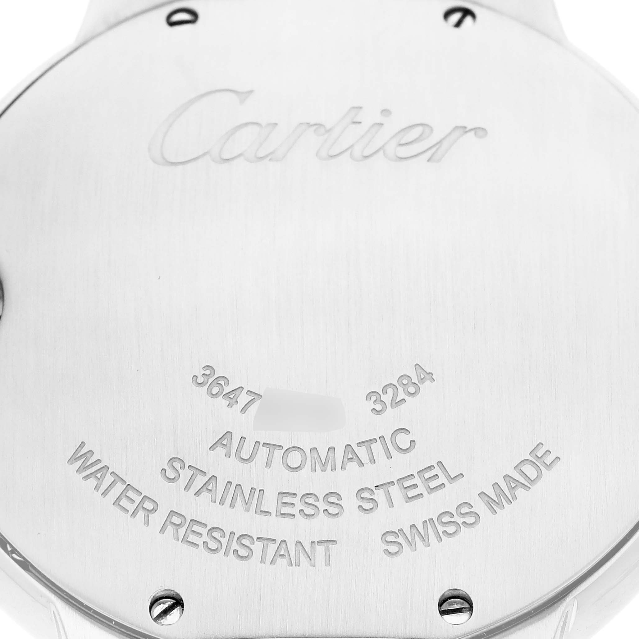 The image shows a close-up of the back case of the Cartier Ballon Bleu W3BB0018 Men
s Steel and Gold (two tone) Silver Dial W3BB0018 Men
s Steel and Gold (two tone) Silver Dial watch, highlighting the engravings and screws.