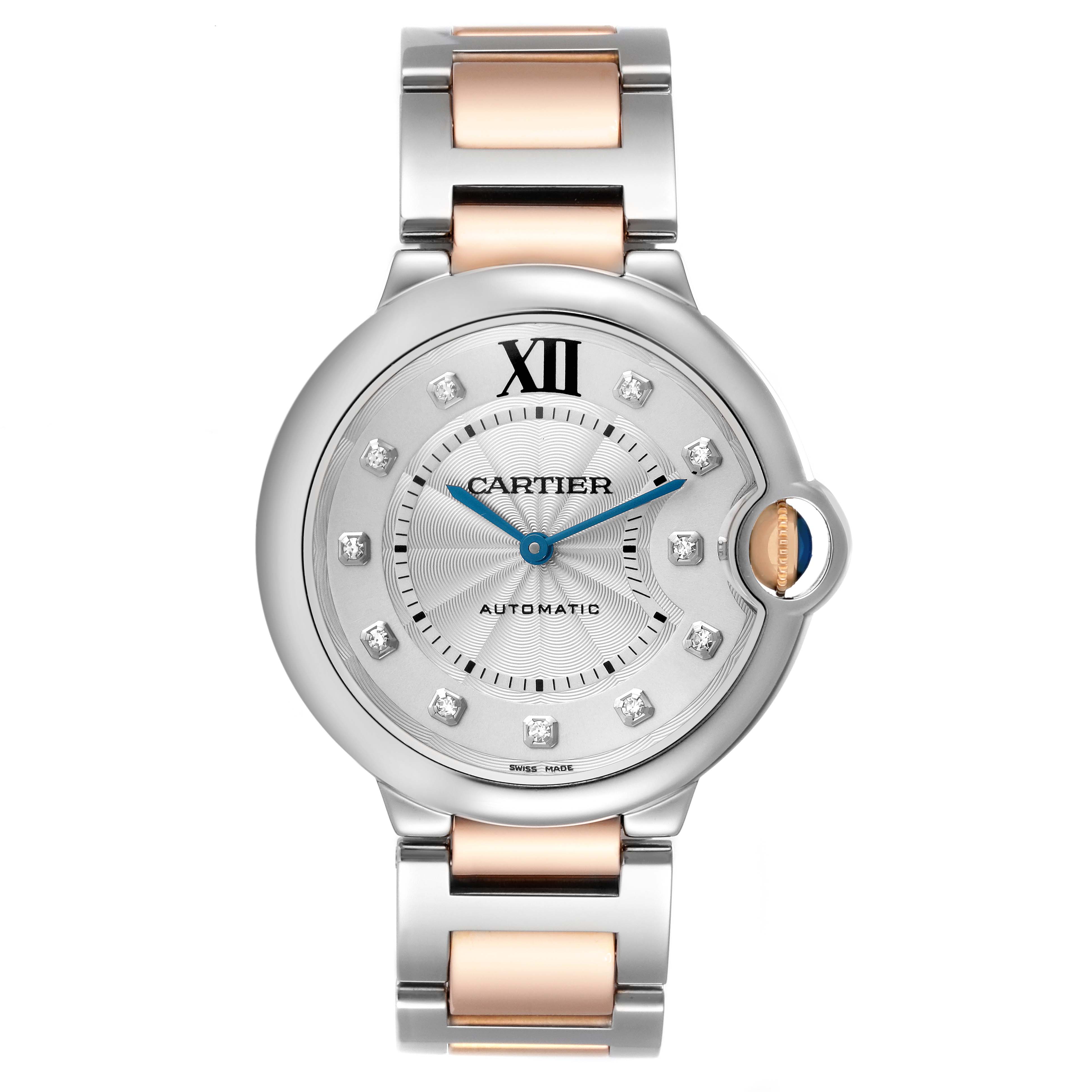 The Cartier Ballon Bleu W3BB0018 Men
s Steel and Gold (two tone) Silver Dial W3BB0018 Men
s Steel and Gold (two tone) Silver Dial watch is shown from a front view, displaying the face, bezel, crown, and part of the bracelet.