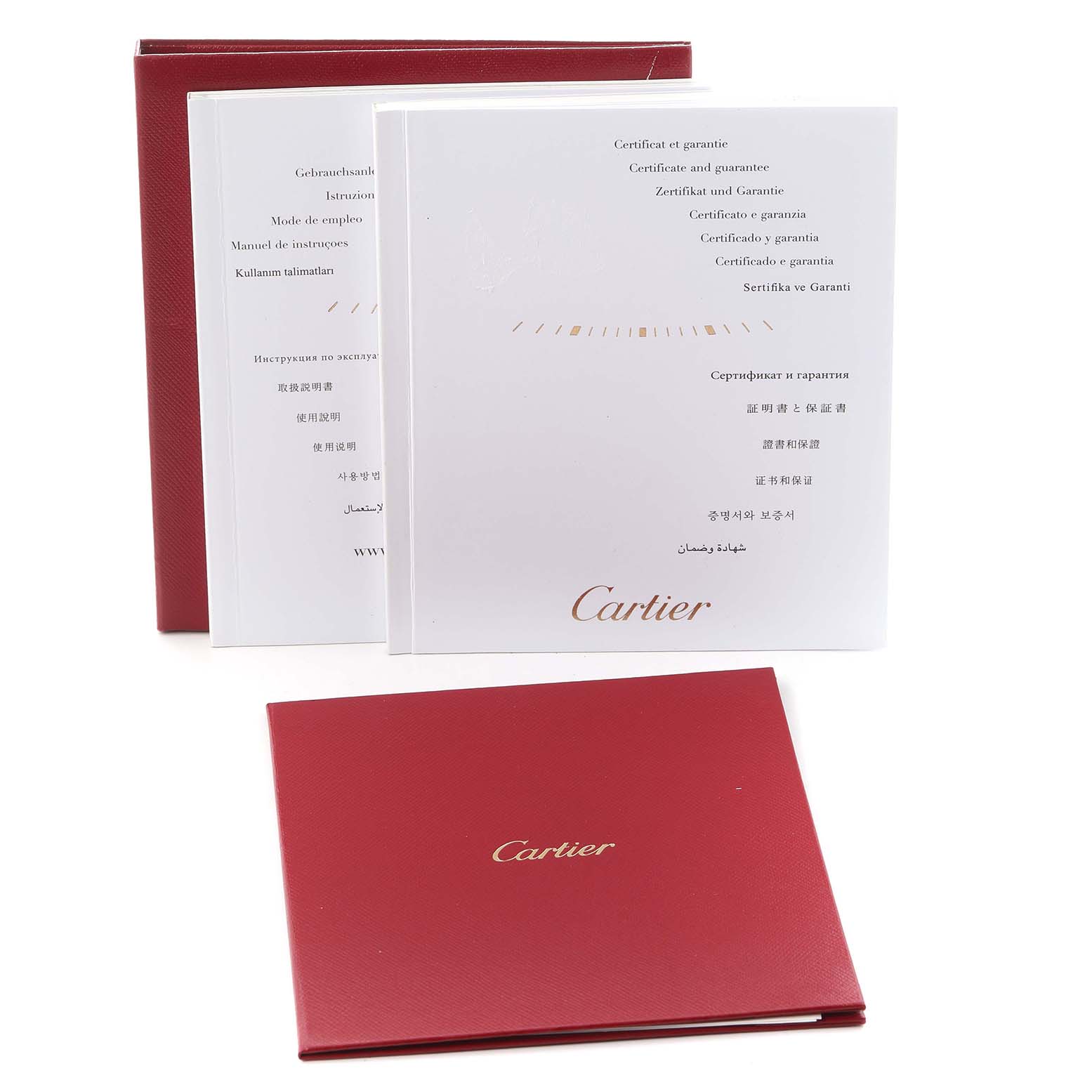 The image shows booklets and documents for a Cartier Ballon Bleu W3BB0018 Men
s Steel and Gold (two tone) Silver Dial W3BB0018 Men
s Steel and Gold (two tone) Silver Dial, including a certificate and manual.