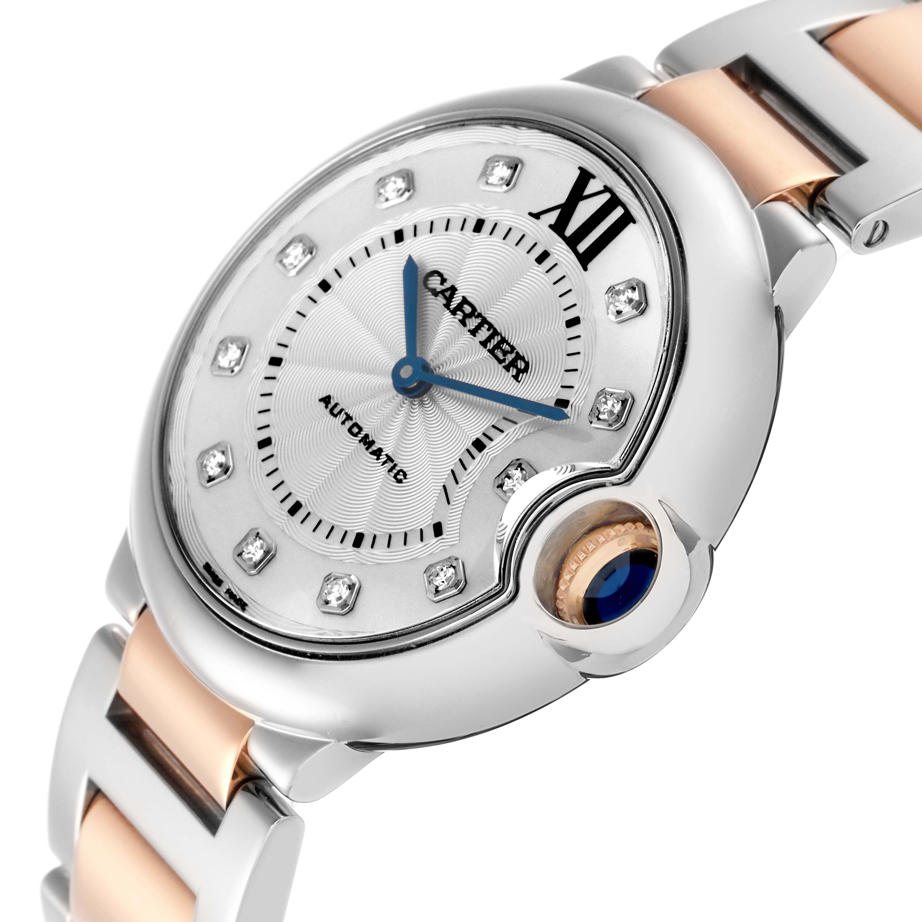 The Cartier Ballon Bleu W3BB0018 Men
s Steel and Gold (two tone) Silver Dial W3BB0018 Men
s Steel and Gold (two tone) Silver Dial watch is shown from an angled side view, highlighting the dial, crown, and part of the bracelet.