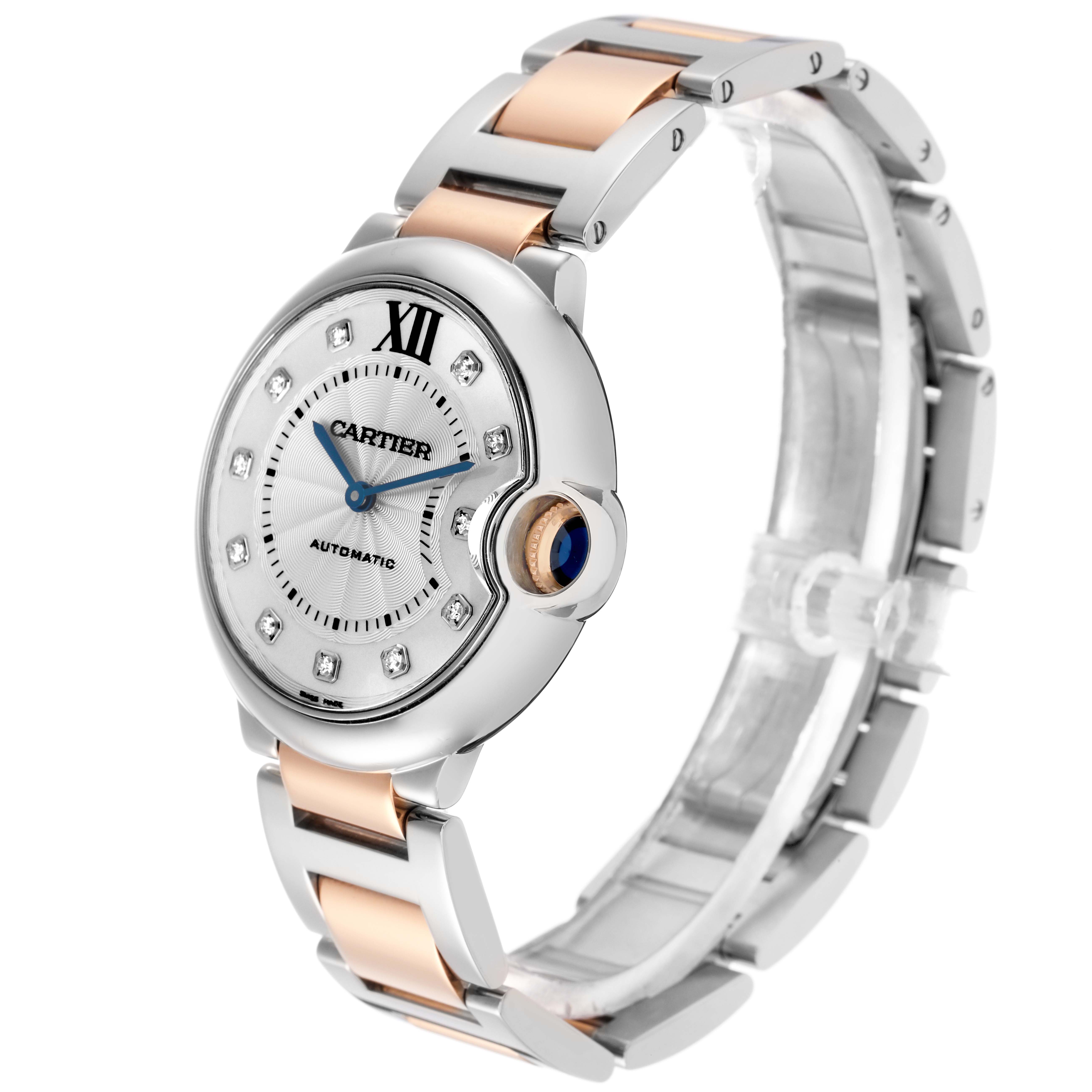 The Cartier Ballon Bleu W3BB0018 Men
s Steel and Gold (two tone) Silver Dial W3BB0018 Men
s Steel and Gold (two tone) Silver Dial watch is shown from a three-quarter angle, highlighting its round face, diamond markers, and two-tone bracelet.
