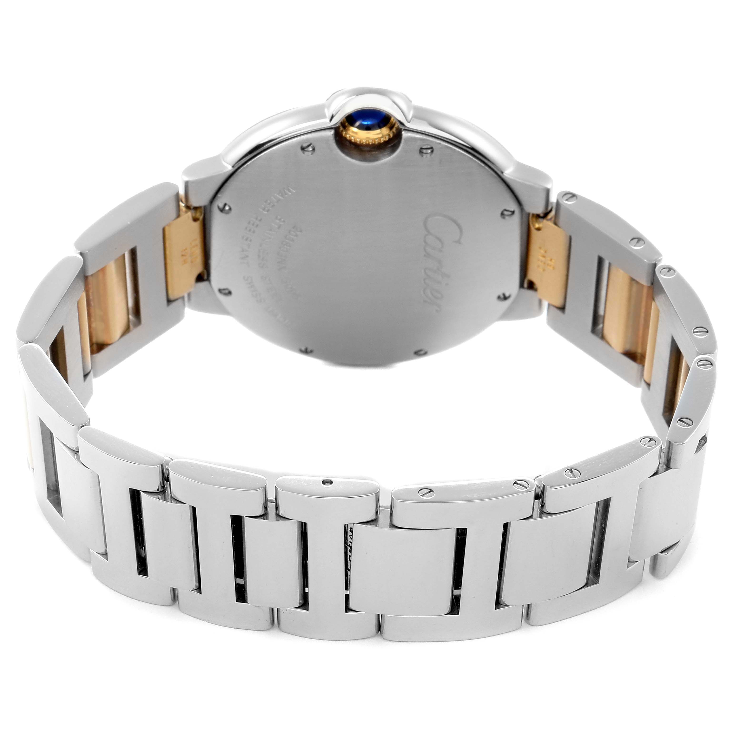 The Cartier Ballon Bleu W69008Z3 Men
s Steel and Gold (two tone) Silver Dial W69008Z3 Men
s Steel and Gold (two tone) Silver Dial watch is shown from the back, highlighting its closed case and metal bracelet.