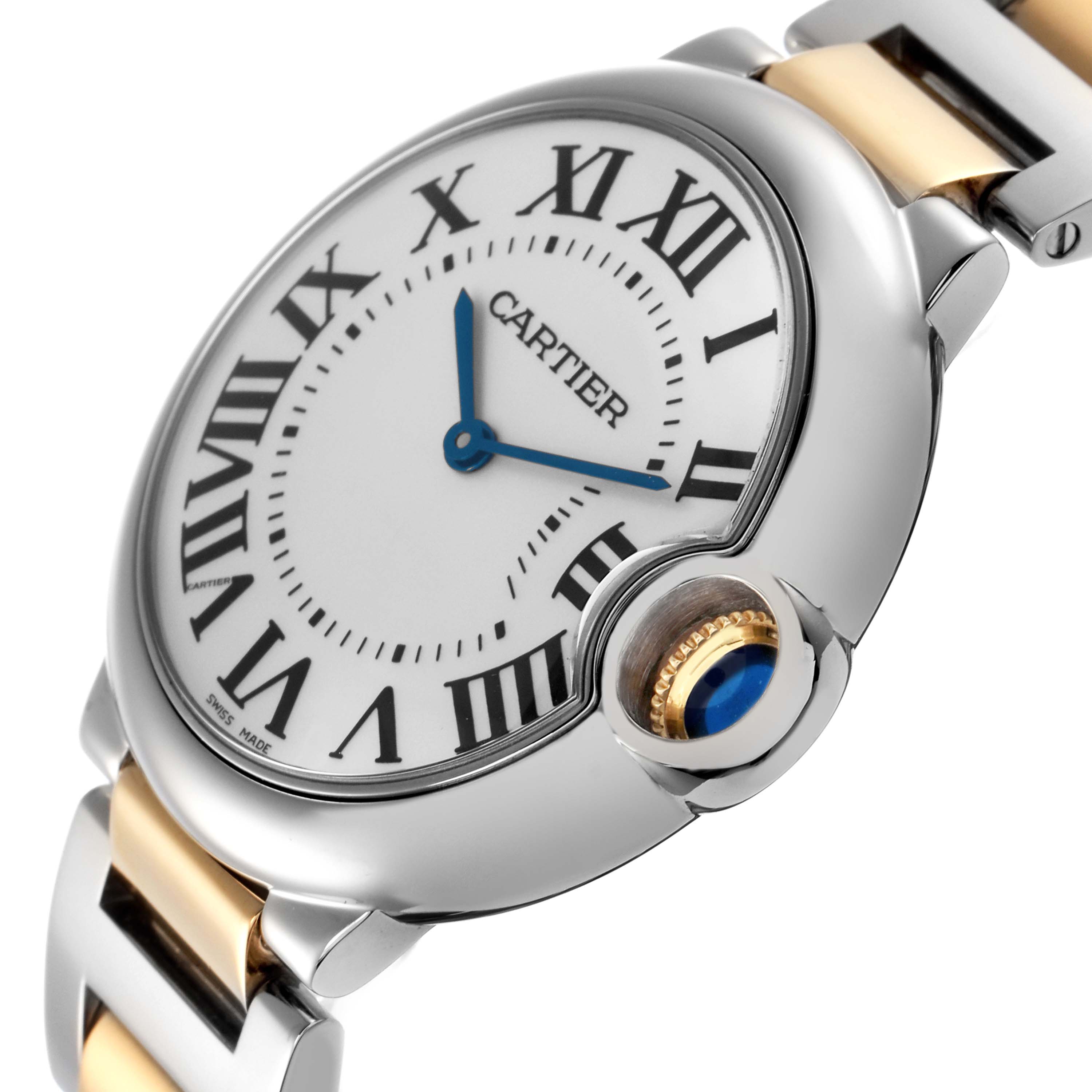 The Cartier Ballon Bleu W69008Z3 Men
s Steel and Gold (two tone) Silver Dial W69008Z3 Men
s Steel and Gold (two tone) Silver Dial watch is shown at an angled view, highlighting the dial, Roman numerals, and distinctive crown with a blue cabochon.