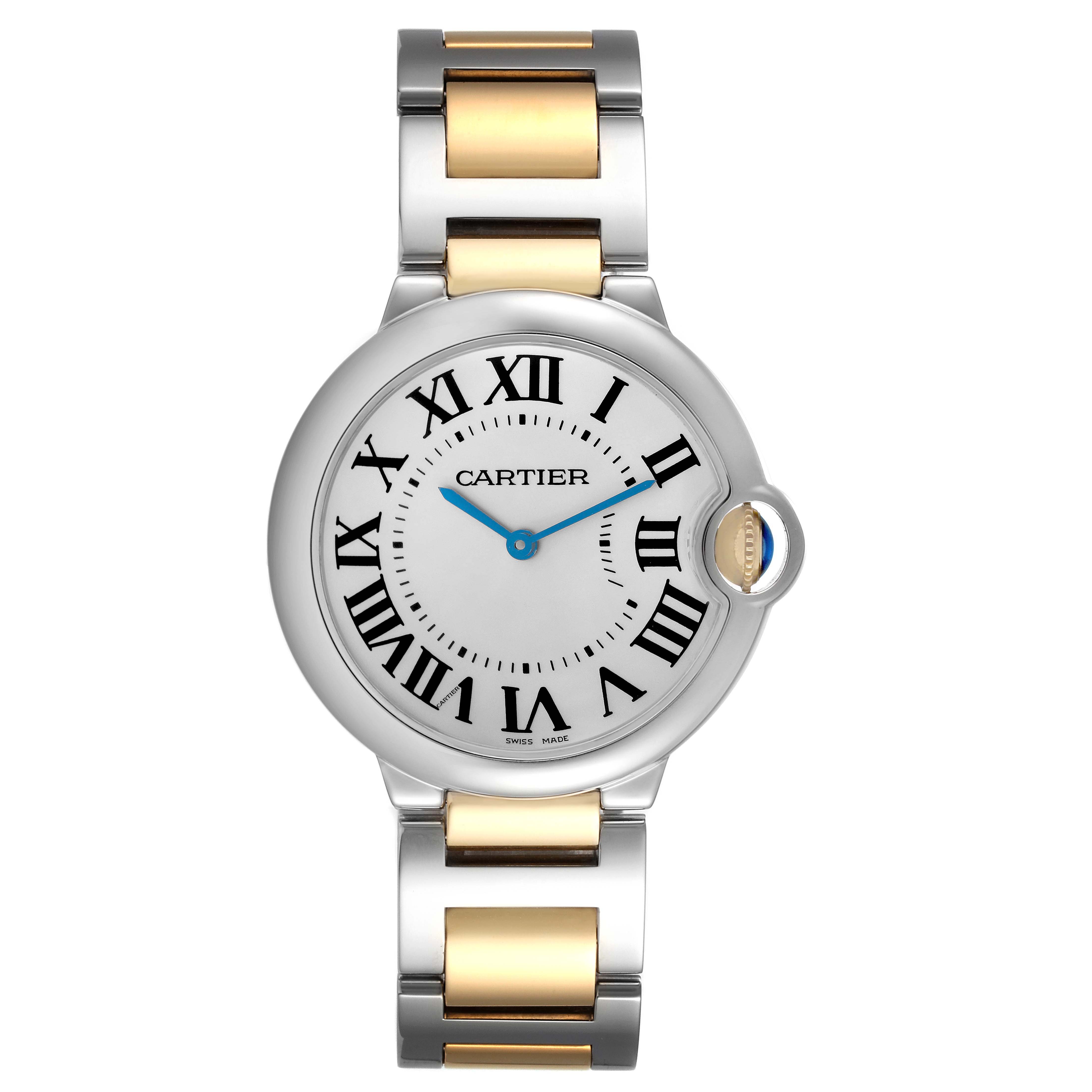 The Cartier Ballon Bleu W69008Z3 Men
s Steel and Gold (two tone) Silver Dial W69008Z3 Men
s Steel and Gold (two tone) Silver Dial watch is shown from a front angle, featuring its dial, crown, and mixed-metal bracelet.