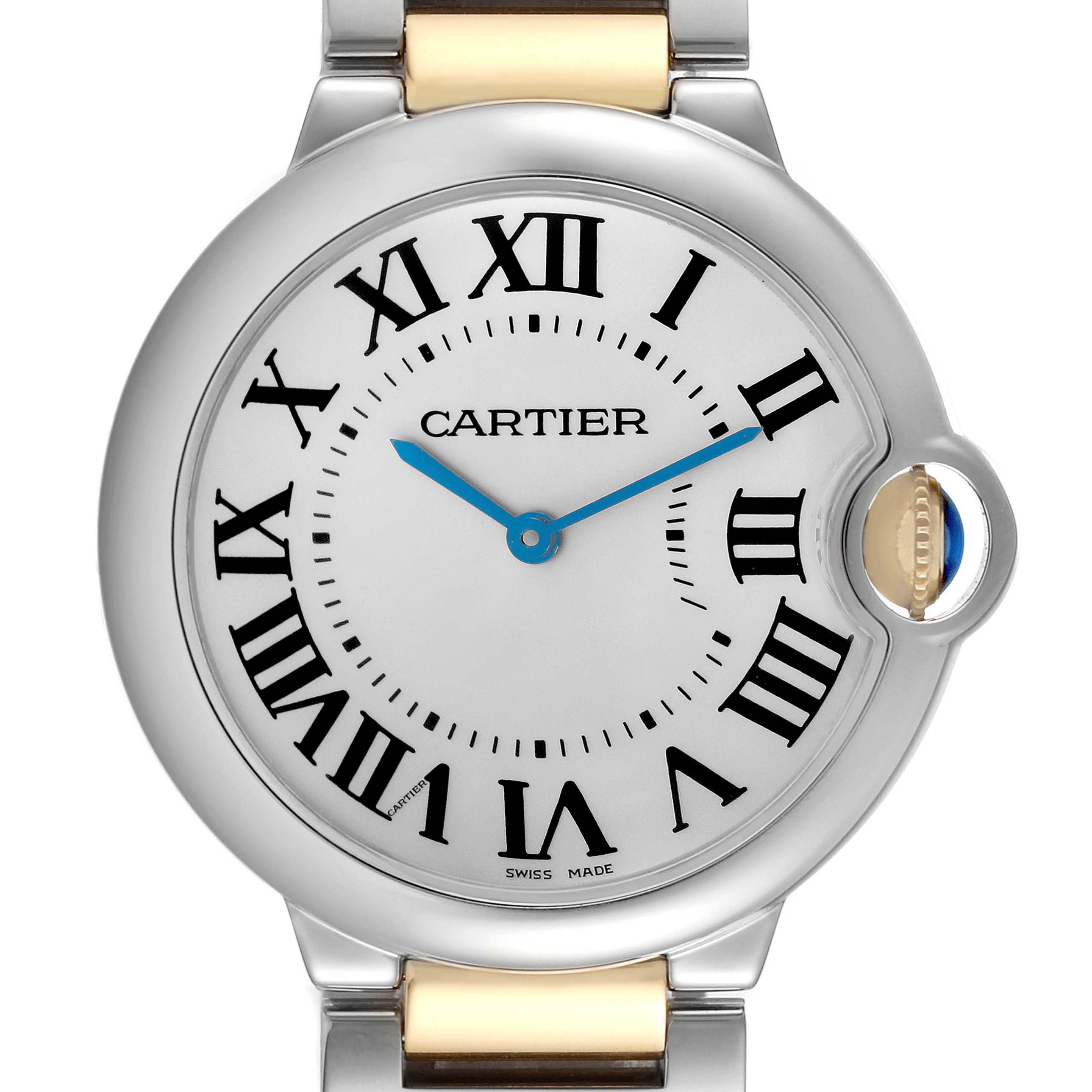 The Cartier Ballon Bleu W69008Z3 Men
s Steel and Gold (two tone) Silver Dial W69008Z3 Men
s Steel and Gold (two tone) Silver Dial watch is shown from the front, highlighting the face, Roman numerals, blue hands, and crown.