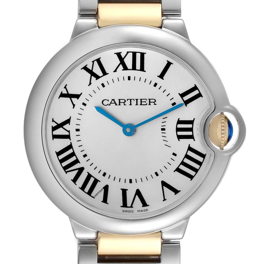 The Cartier Ballon Bleu watch is shown from the front, highlighting the face, Roman numerals, blue hands, and crown.
