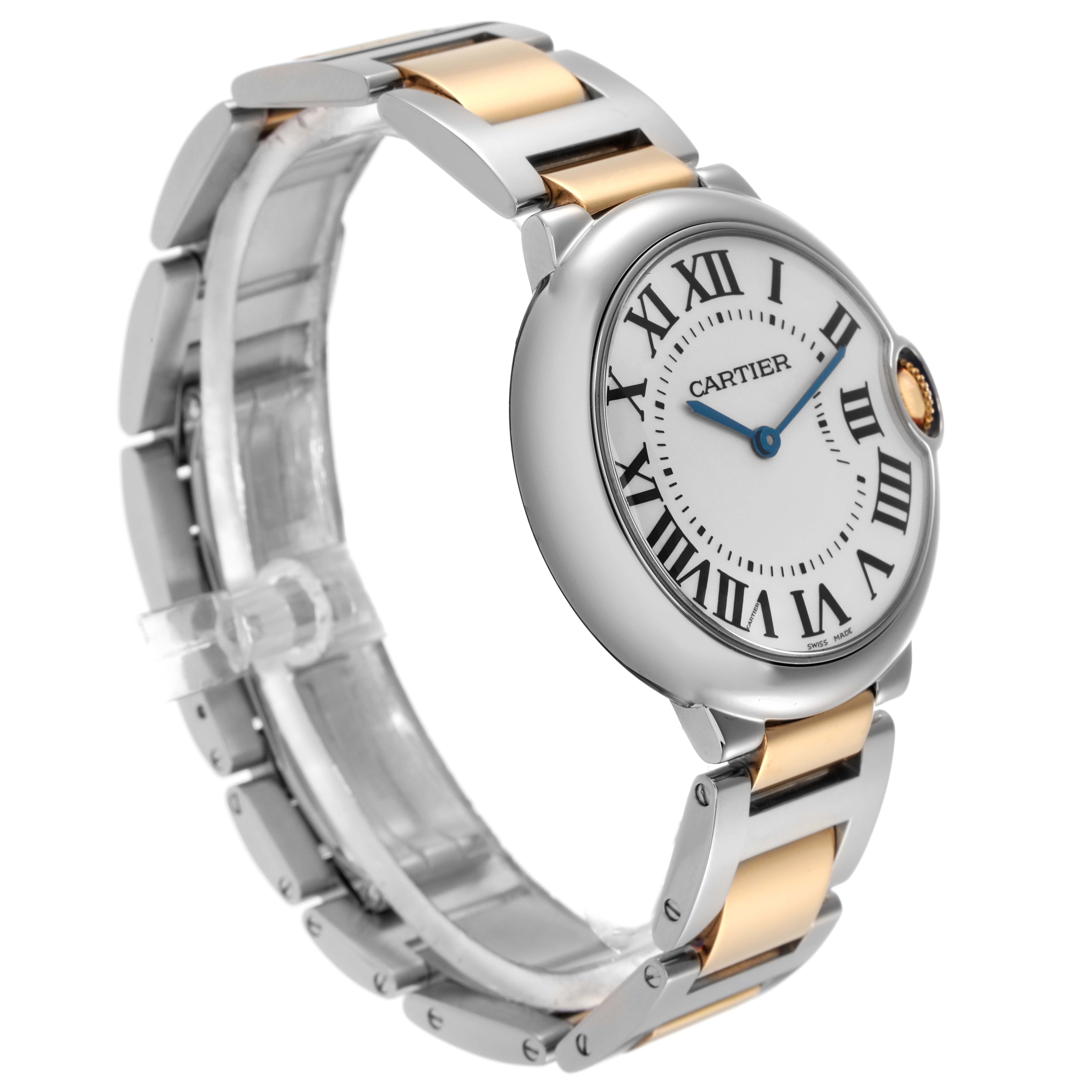 The Cartier Ballon Bleu W69008Z3 Men
s Steel and Gold (two tone) Silver Dial W69008Z3 Men
s Steel and Gold (two tone) Silver Dial watch is shown at an angle displaying its face, bracelet, and side view, highlighting the crown and two-tone links.