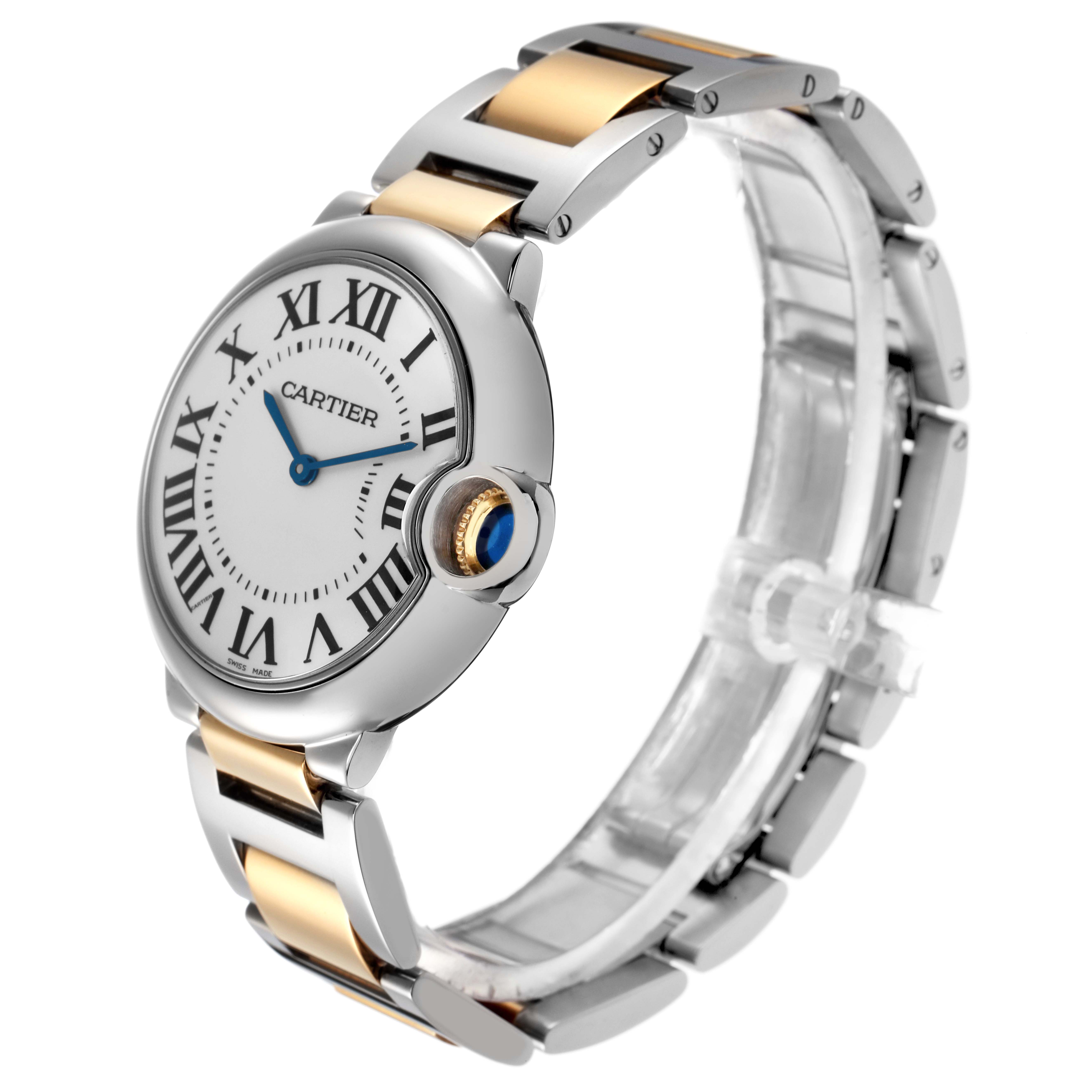 The Cartier Ballon Bleu W69008Z3 Men
s Steel and Gold (two tone) Silver Dial W69008Z3 Men
s Steel and Gold (two tone) Silver Dial watch is shown at a three-quarter angle, highlighting the face, crown, and two-tone bracelet.