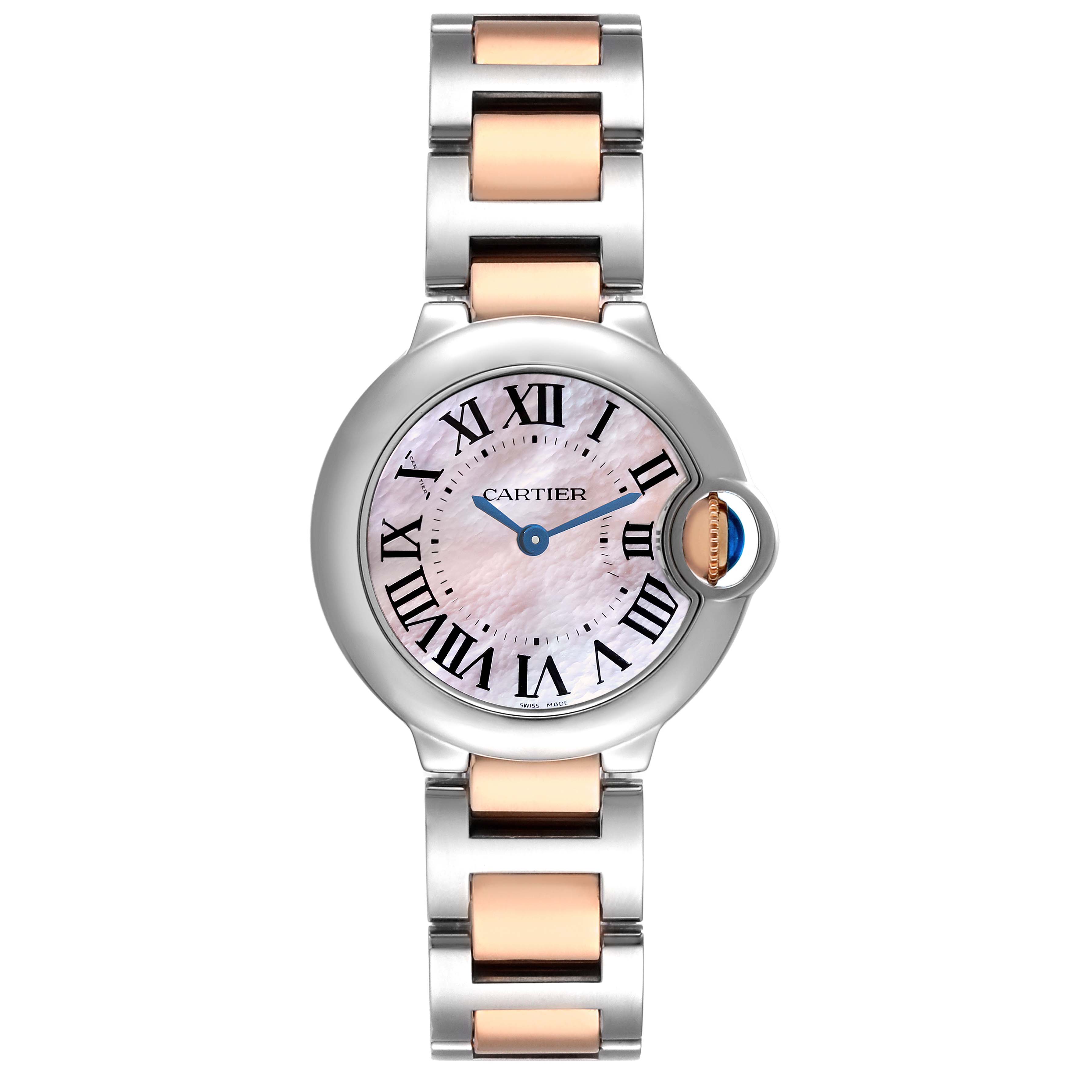 The image shows a top-down view of a Cartier Ballon Bleu W6920034 Women's Steel and Gold (two tone) Mother of Pearl Dial W6920034 Women's Steel and Gold (two tone) Mother of Pearl Dial watch, highlighting its face, bezel, and two-tone strap.