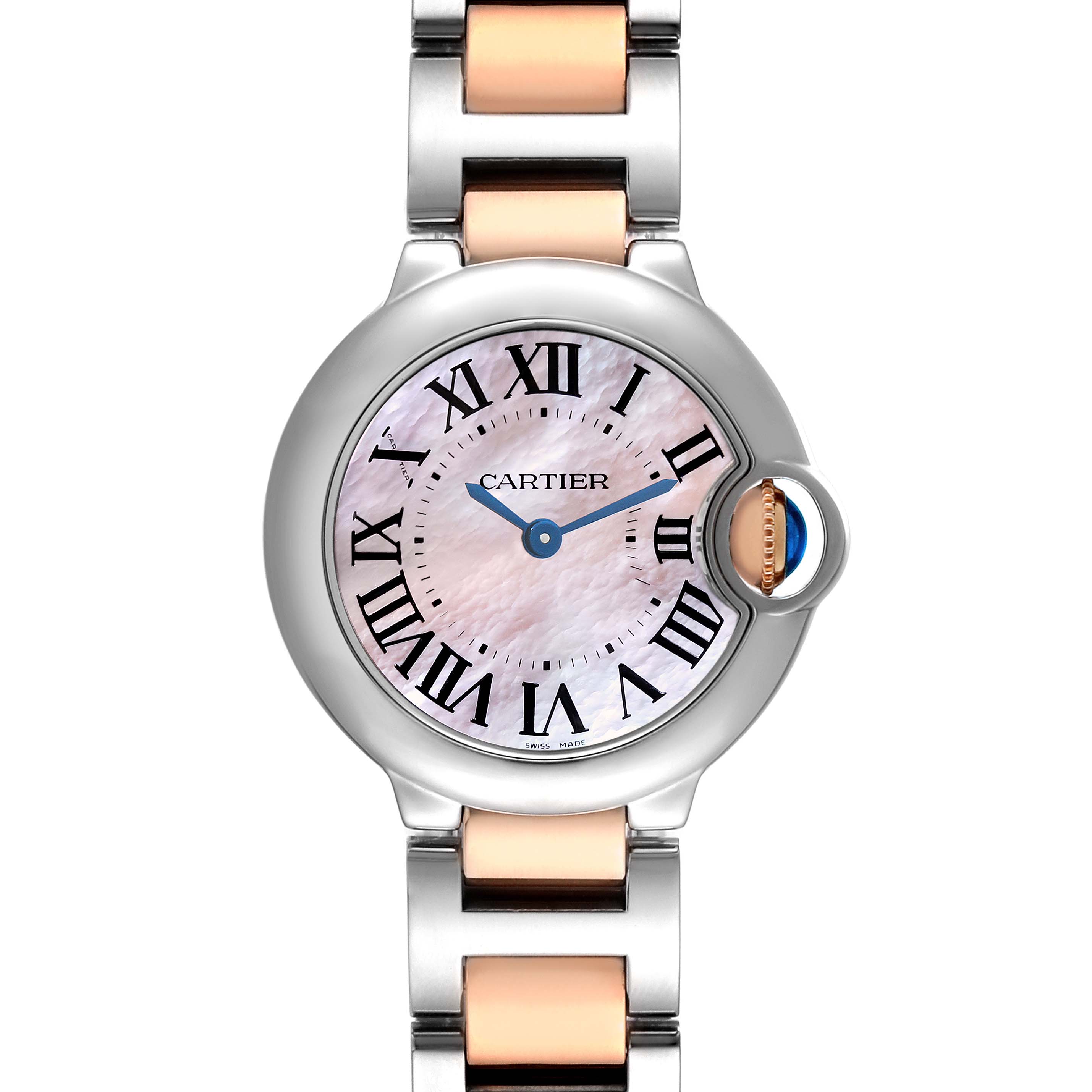 The image shows a front view of the Cartier Ballon Bleu W6920034 Women's Steel and Gold (two tone) Mother of Pearl Dial W6920034 Women's Steel and Gold (two tone) Mother of Pearl Dial watch, highlighting its round face, Roman numerals, blue hands, and two-tone bracelet.
