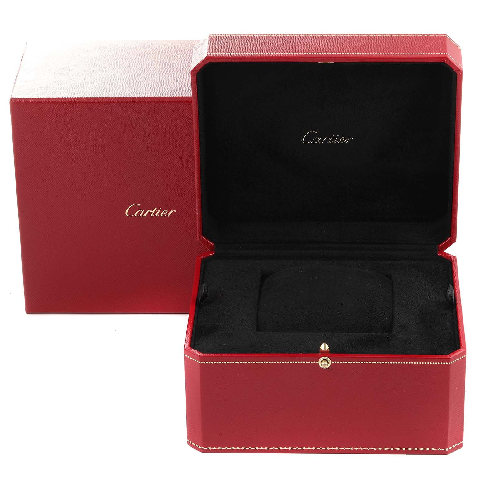 The image shows an open red Cartier box and its outer box, used for the Drive de Cartier watch model.