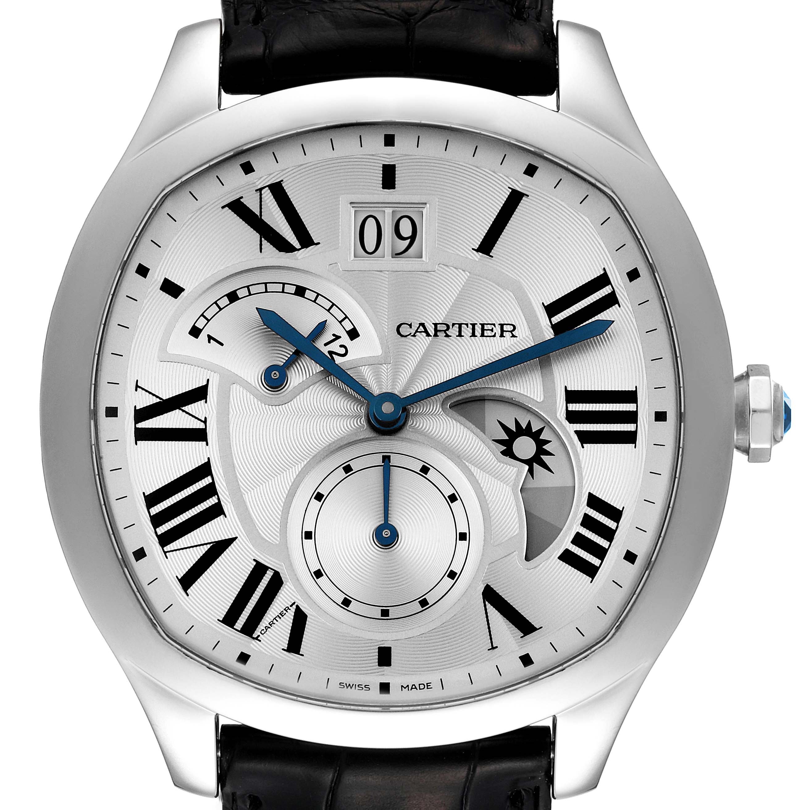 This image shows a front view of the Drive de Cartier watch by Cartier, displaying its dial, hands, and sub-dials.