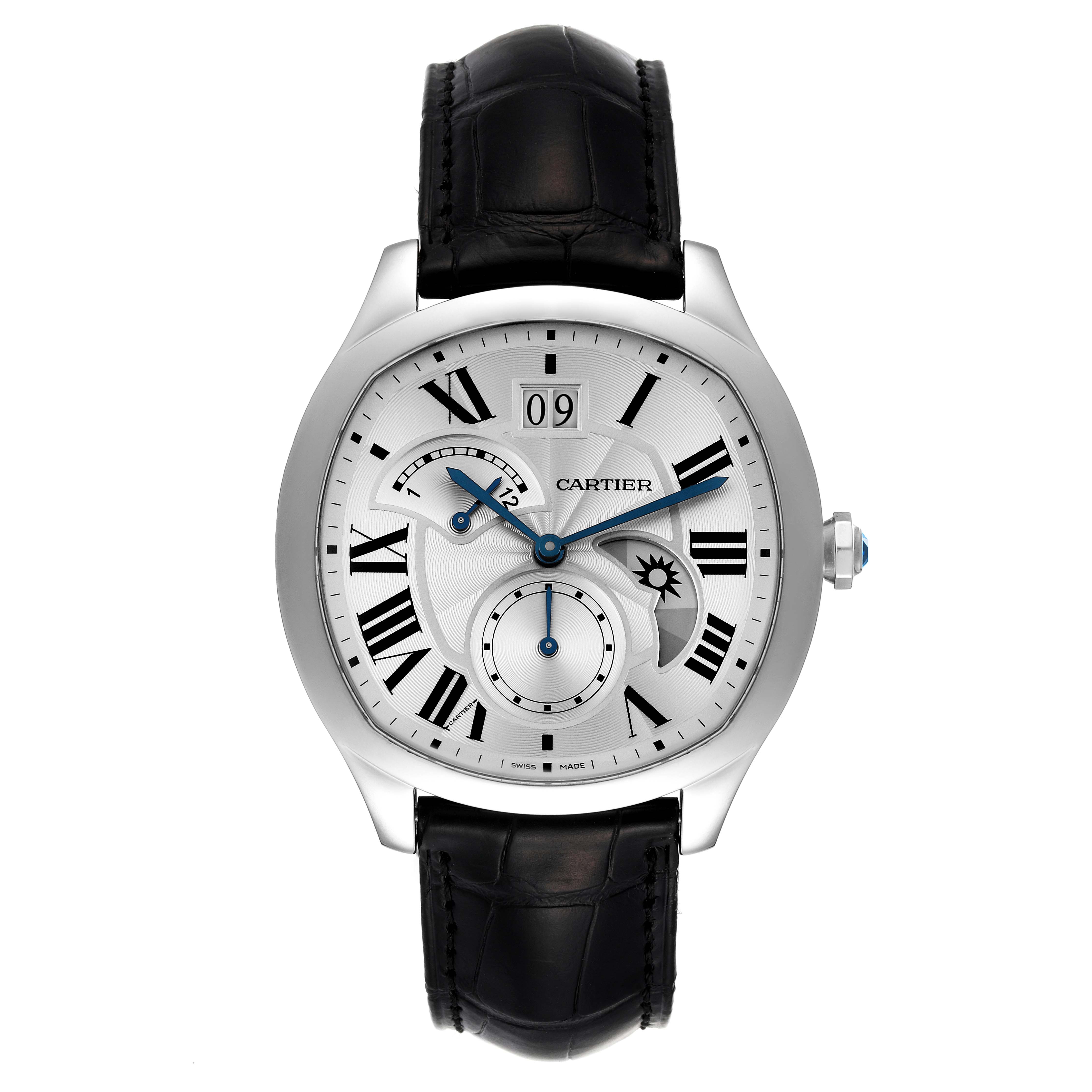 The image shows a front view of the Drive de Cartier watch by Cartier, displaying its face, dial, and strap.