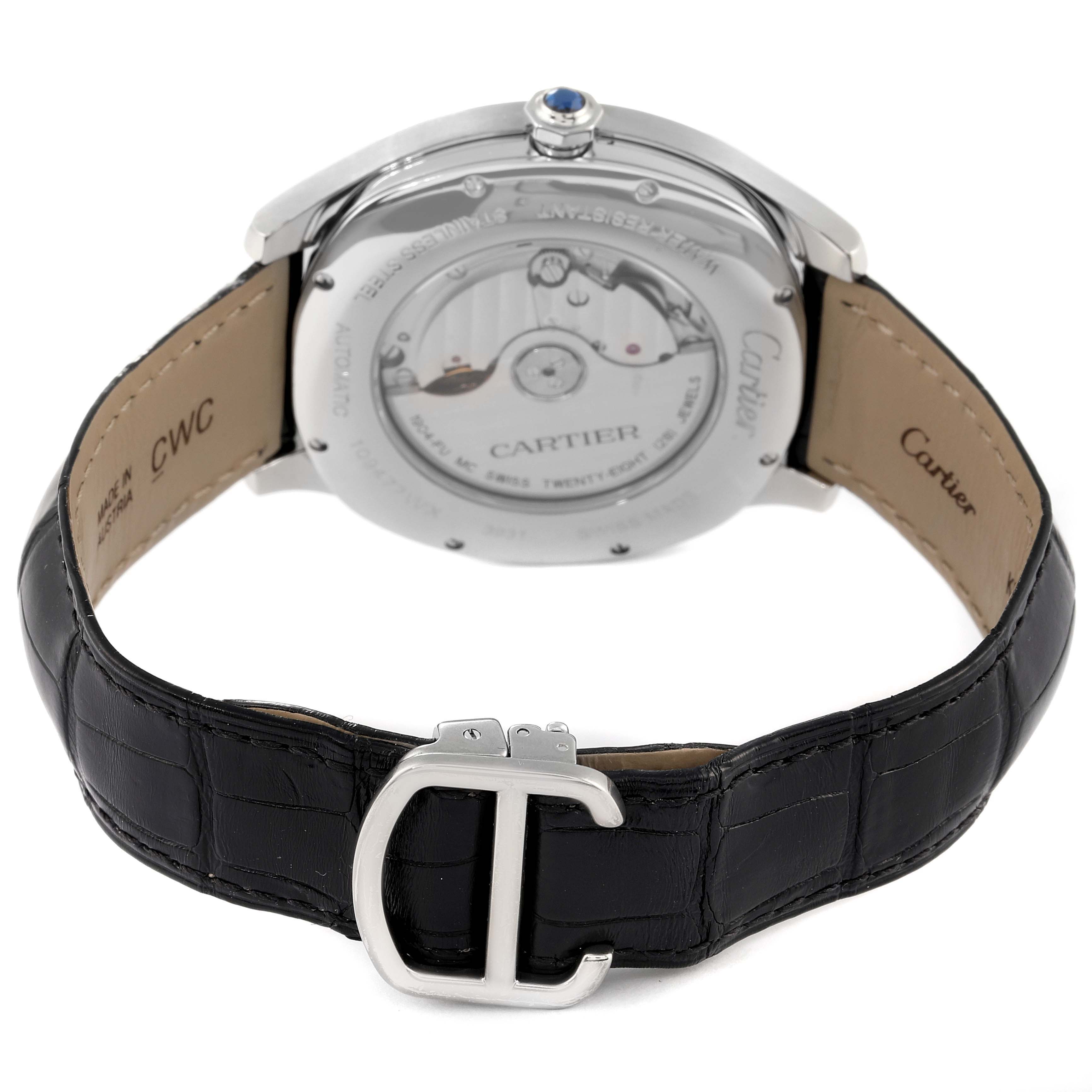 The image shows the back view of a Drive de Cartier watch by Cartier, highlighting its clasp, strap, and movement.