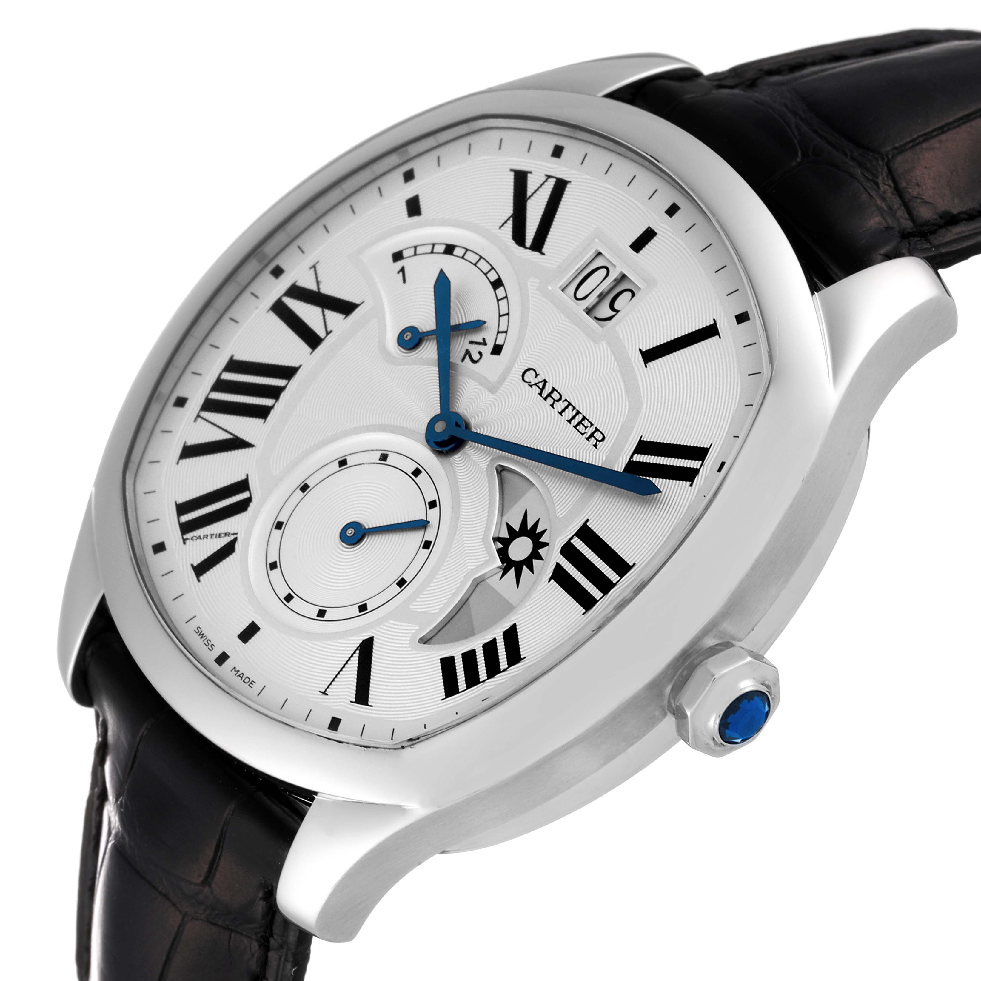 This image shows a Drive de Cartier by Cartier watch at an angled side view, displaying the watch face, crown, and part of the leather strap.