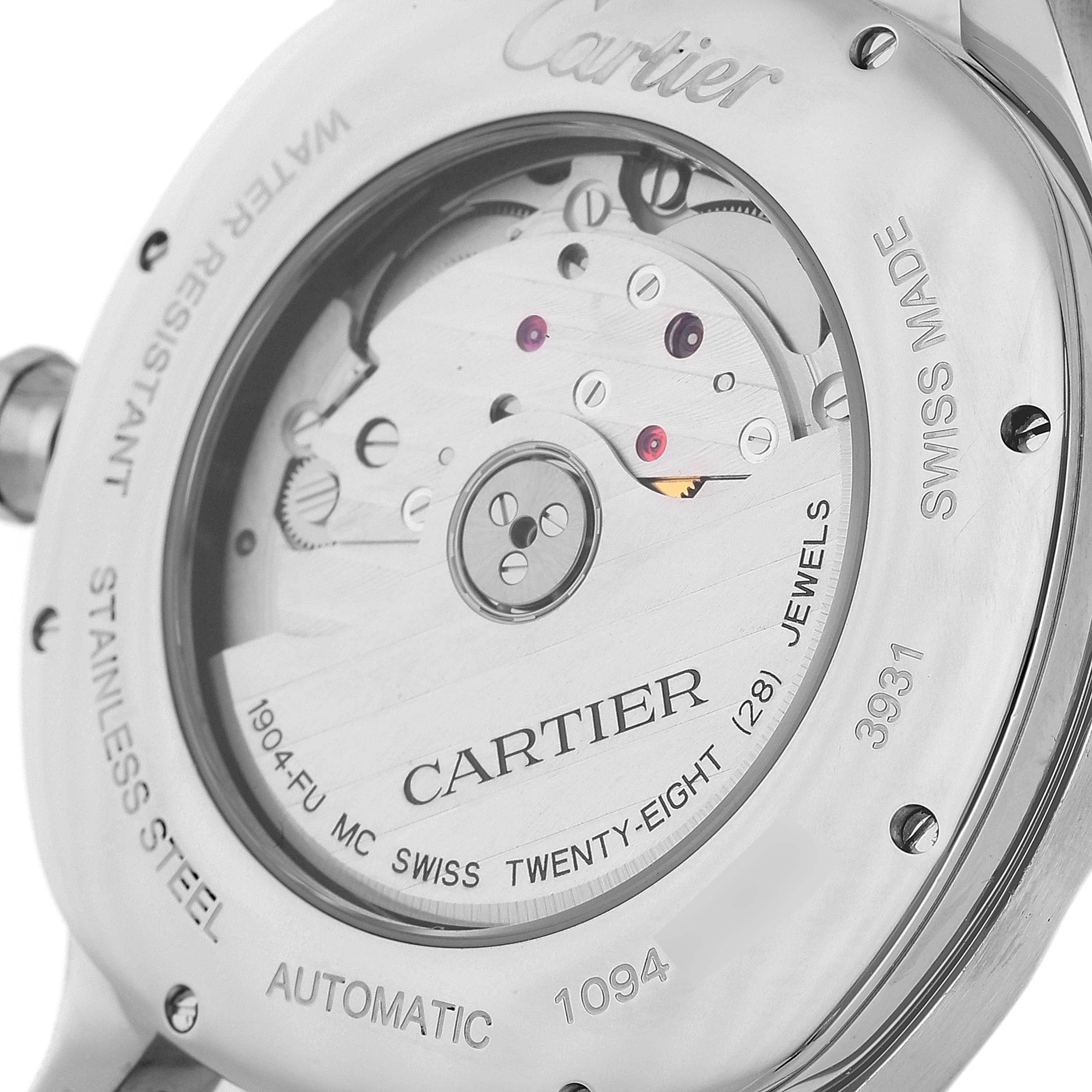 The image shows the back of a Drive de Cartier watch by Cartier, highlighting the automatic movement and intricate inner workings.